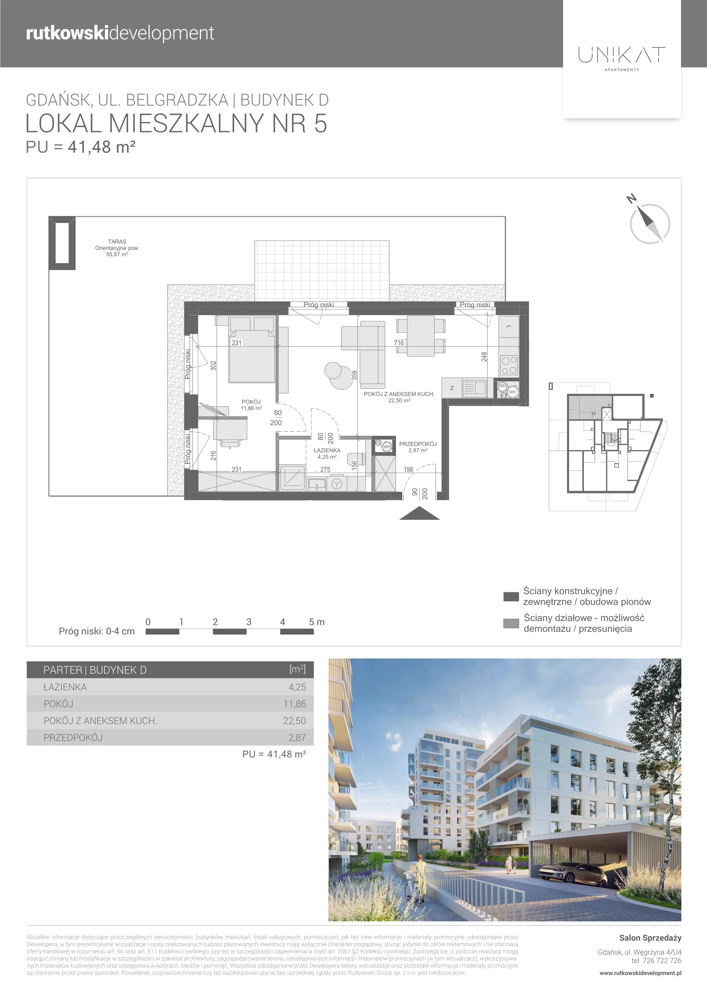 2 pokoje, mieszkanie 41,48 m², parter, oferta nr M-5, Unikat Apartamenty D, Gdańsk, Piecki-Migowo, Morena, ul. Belgradzka 114C