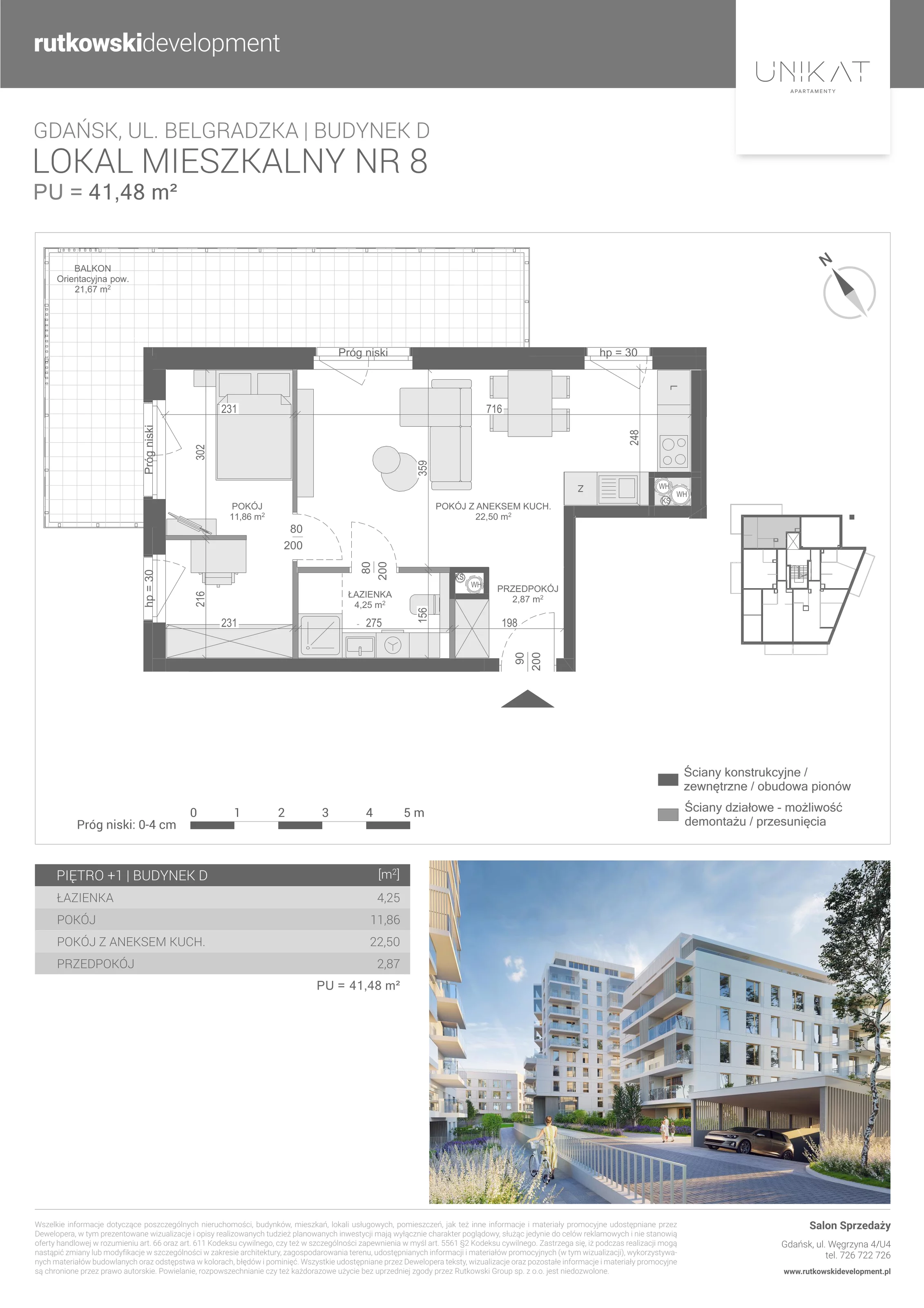 2 pokoje, mieszkanie 41,48 m², piętro 1, oferta nr M-8, Unikat Apartamenty D, Gdańsk, Piecki-Migowo, Morena, ul. Belgradzka 114C