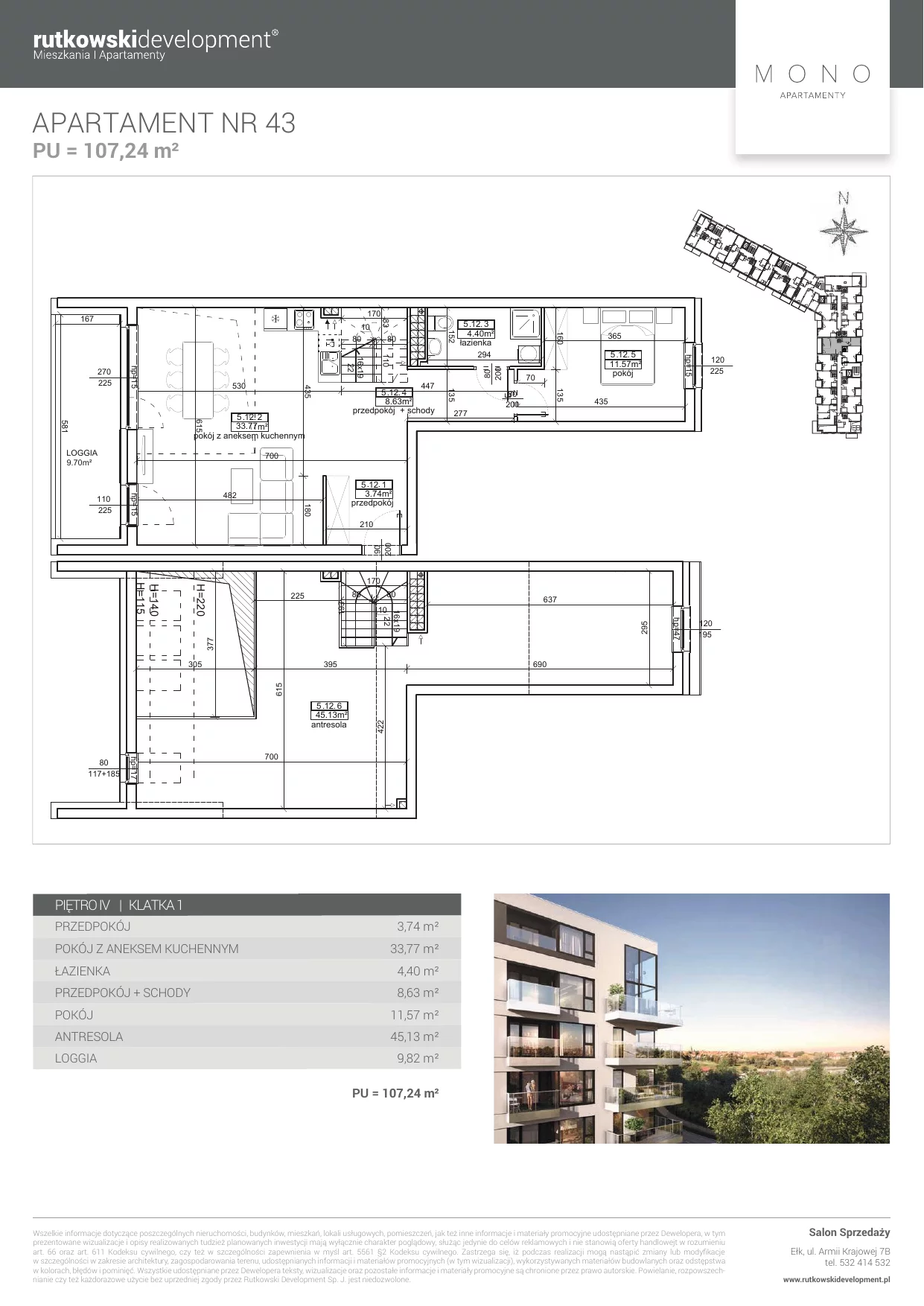 5 pokoi, apartament 107,24 m², piętro 4, oferta nr M-43, Mono Apartamenty - Etap 1, Ełk, ul. Targowa 4