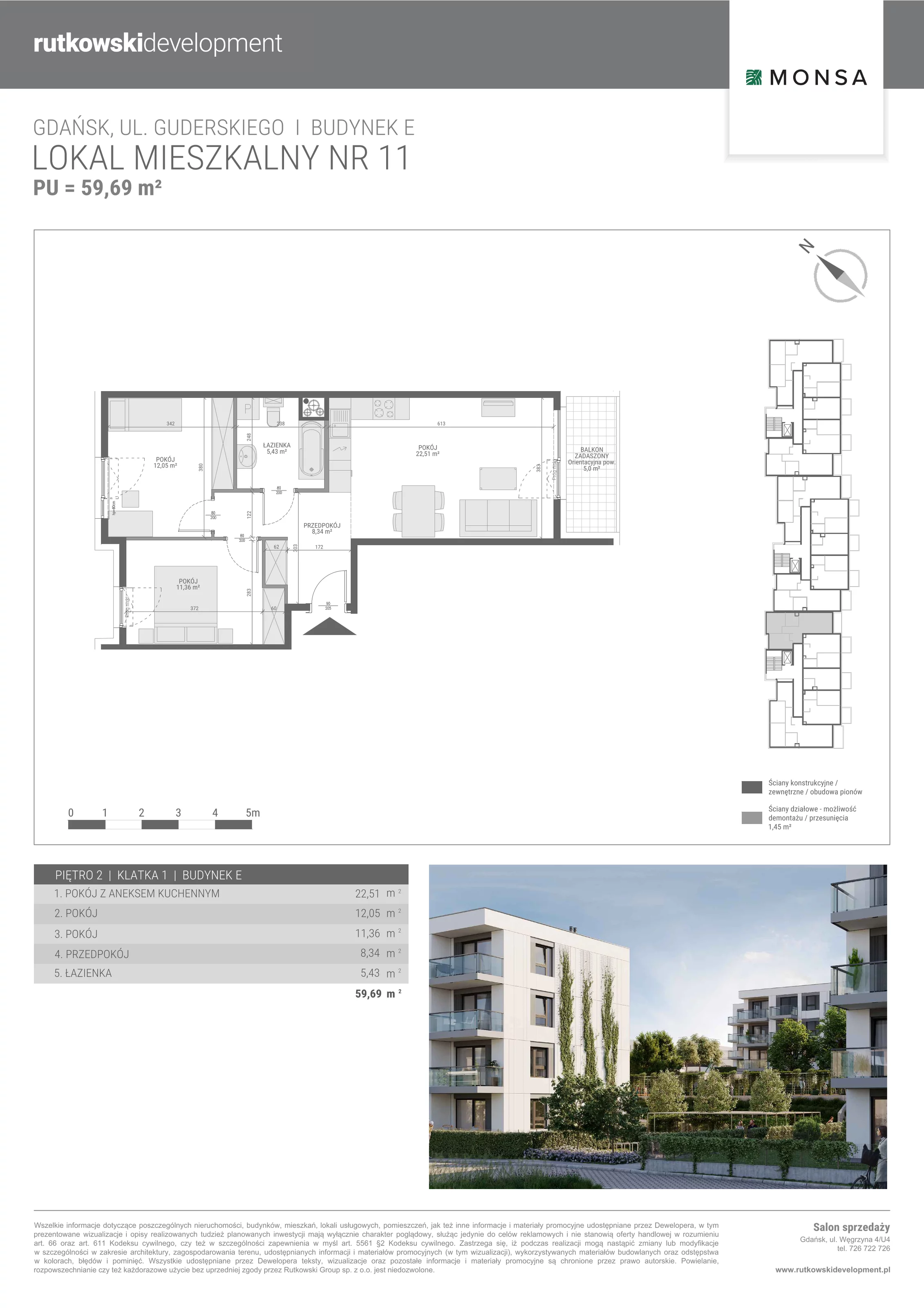 3 pokoje, mieszkanie 59,69 m², piętro 2, oferta nr E/11, Monsa etap E, Gdańsk, Jasień, Rębowo, ul. Konrada Guderskiego