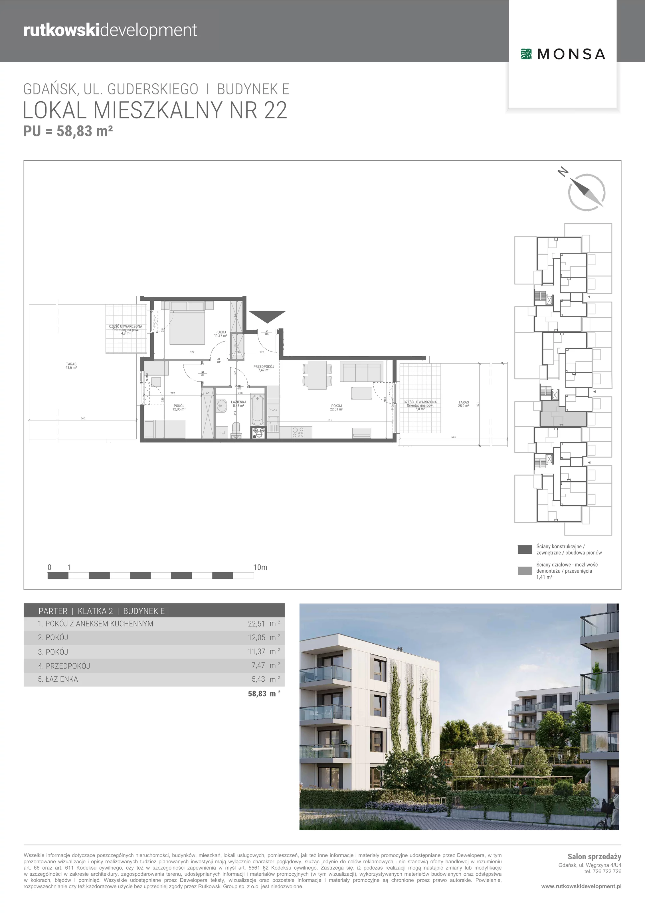 3 pokoje, mieszkanie 58,83 m², parter, oferta nr E/22, Monsa etap E, Gdańsk, Jasień, Rębowo, ul. Konrada Guderskiego