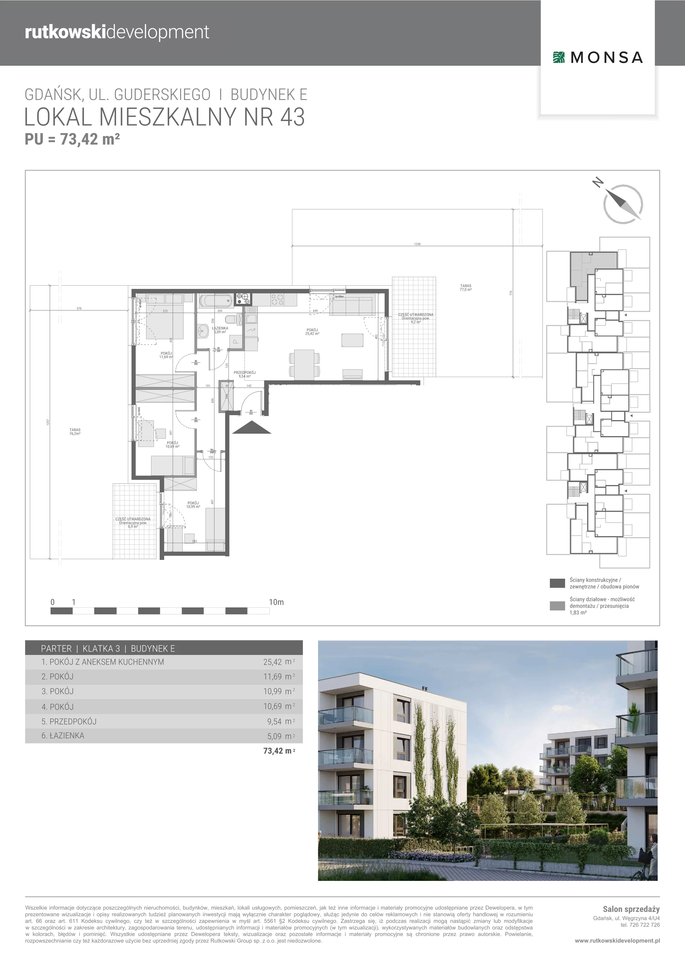 4 pokoje, mieszkanie 73,42 m², parter, oferta nr E/43, Monsa etap E, Gdańsk, Jasień, Rębowo, ul. Konrada Guderskiego