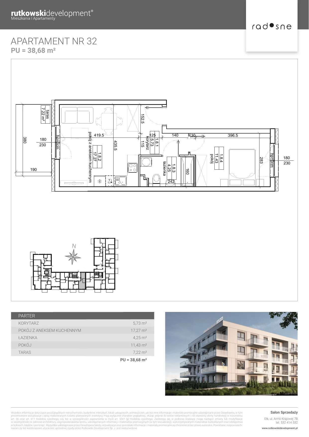 Mieszkanie 38,68 m², parter, oferta nr M-32, Osiedle Radosne, Pisz, ul. Słubicka