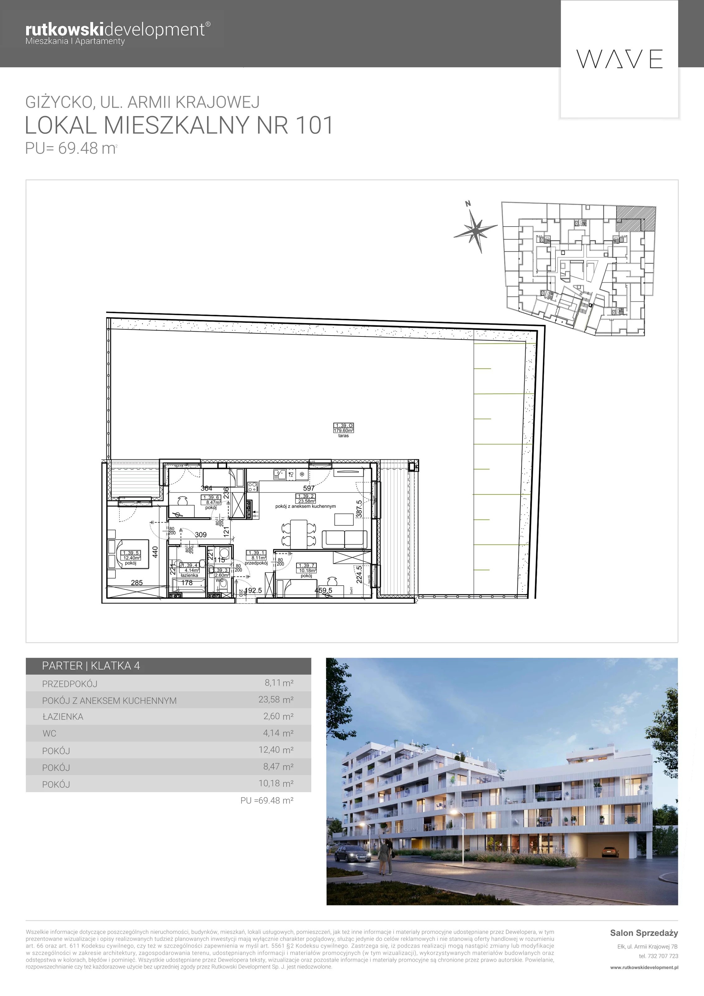 4 pokoje, apartament 69,48 m², parter, oferta nr M-101, Wave - Etap 1, Giżycko, ul. Armii Krajowej