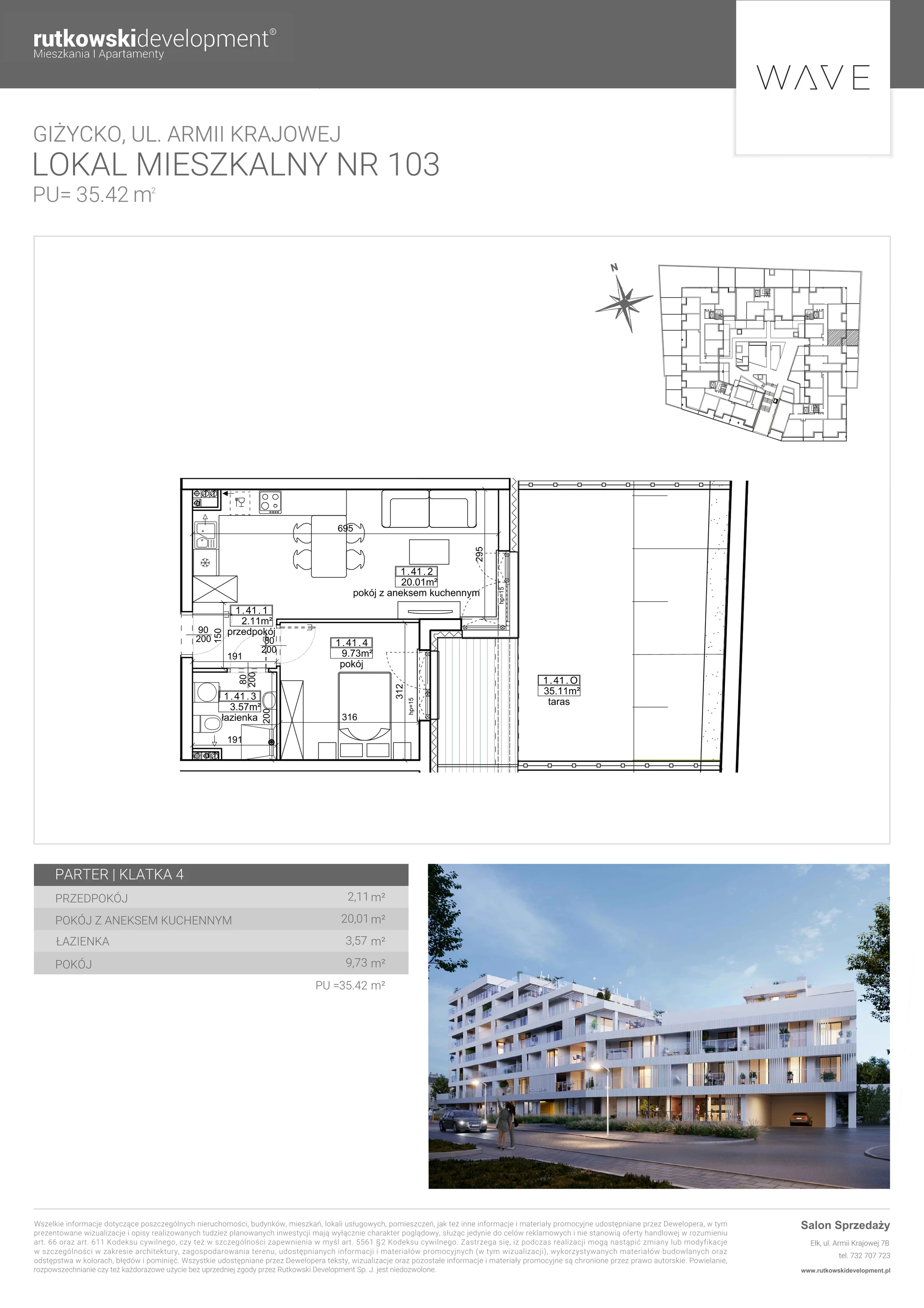 Apartament 35,42 m², parter, oferta nr M-103, Wave - Etap 1, Giżycko, ul. Armii Krajowej