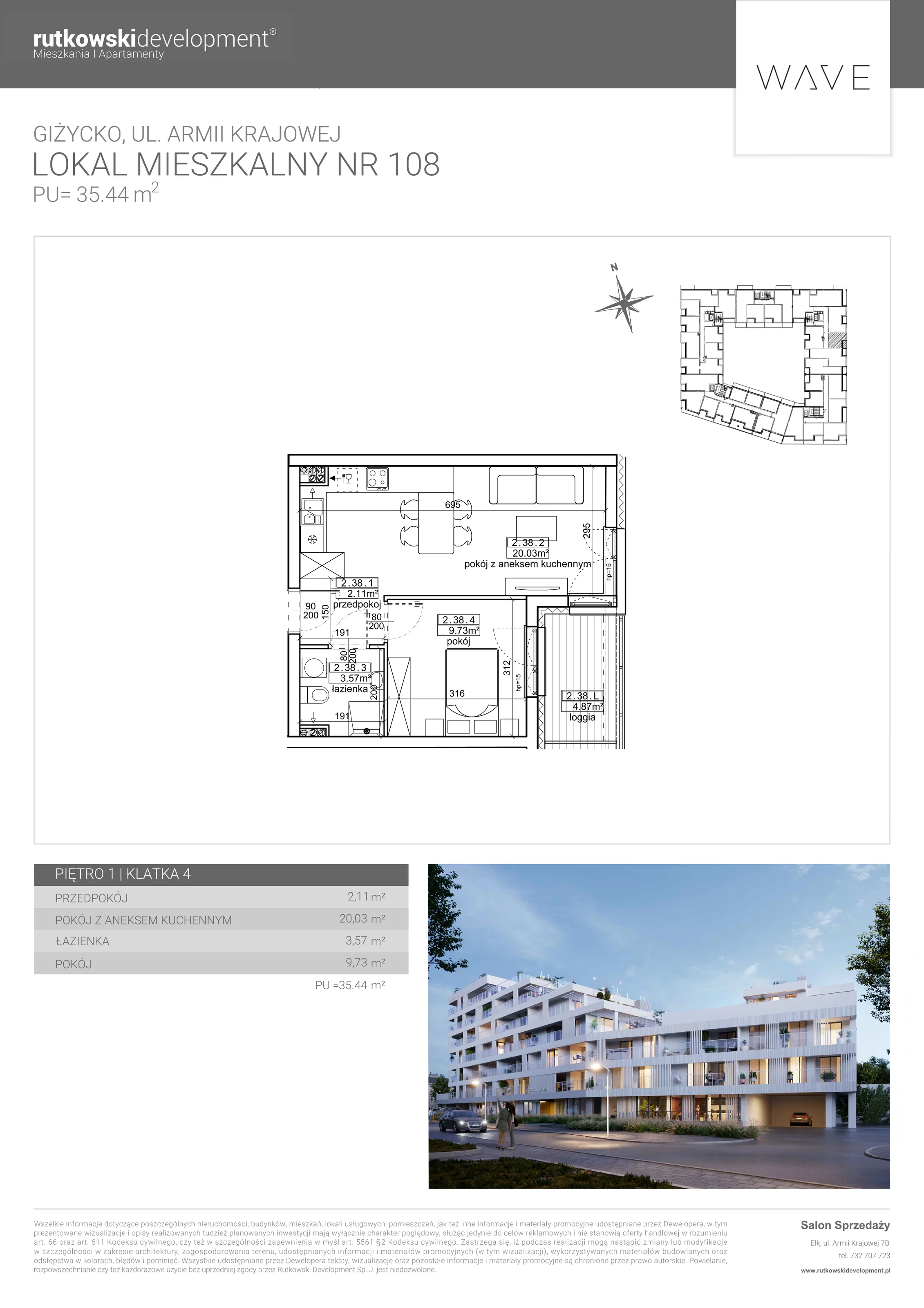 Apartament 35,44 m², piętro 1, oferta nr M-108, Wave - Etap 1, Giżycko, ul. Armii Krajowej