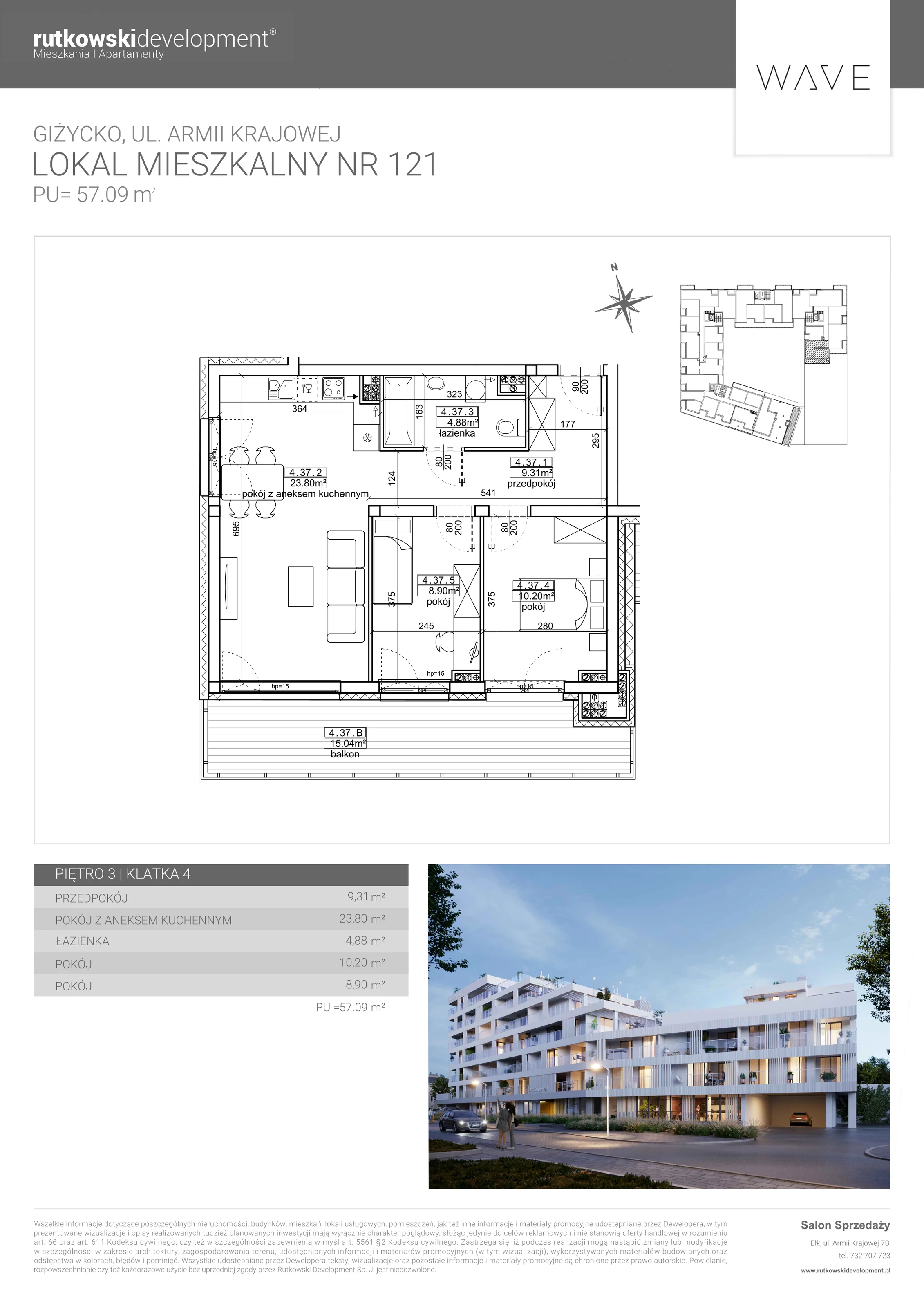 Apartament 57,09 m², piętro 3, oferta nr M-121, Wave - Etap 1, Giżycko, ul. Armii Krajowej