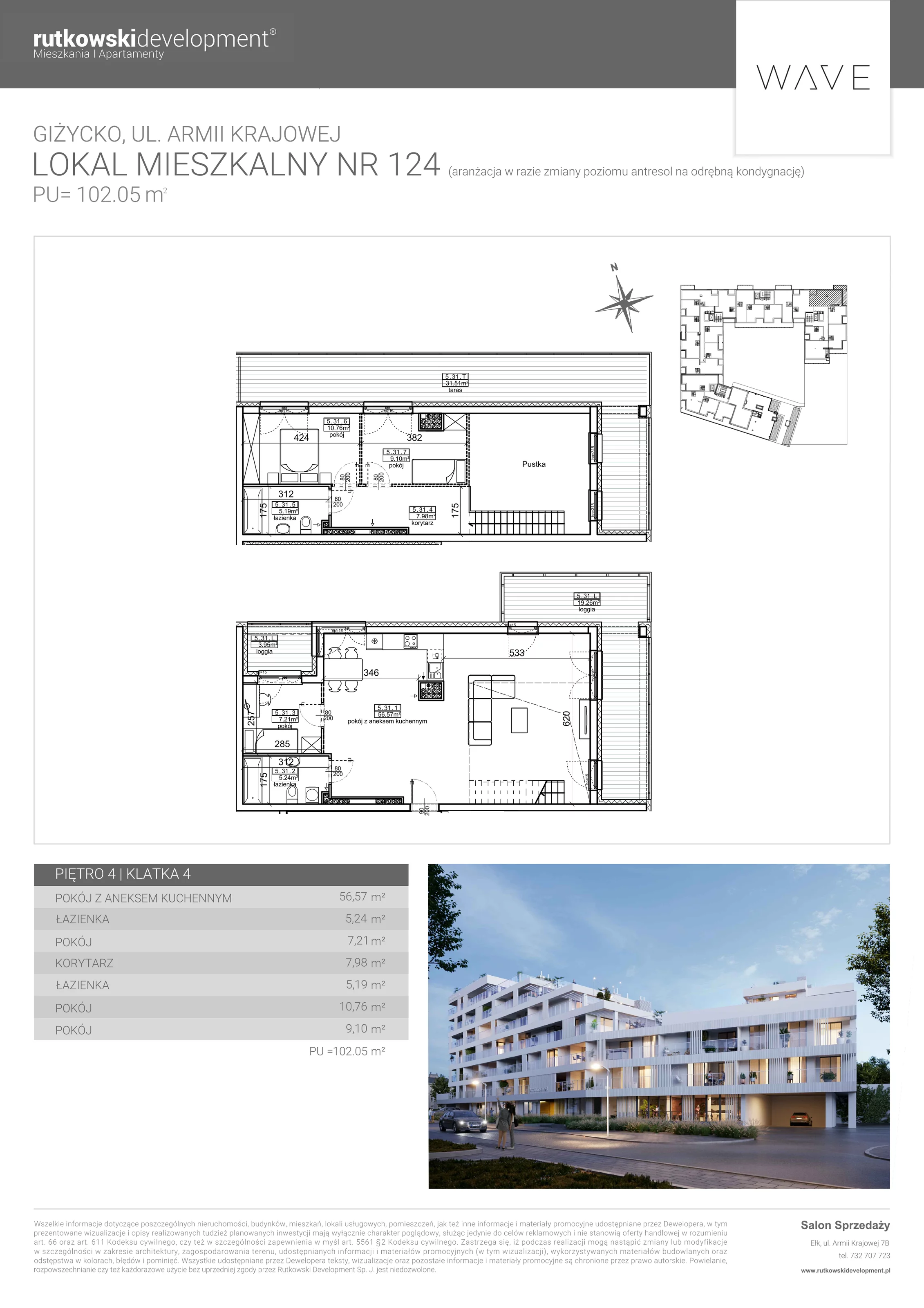 4 pokoje, apartament 97,10 m², piętro 4, oferta nr M-124, Wave - Etap 1, Giżycko, ul. Armii Krajowej