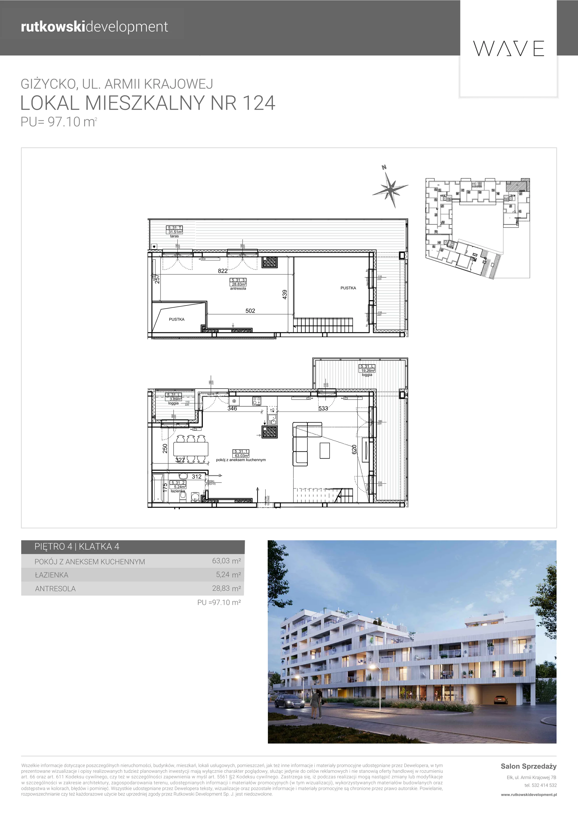 4 pokoje, apartament 97,10 m², piętro 4, oferta nr M-124, Wave - Etap 1, Giżycko, ul. Armii Krajowej