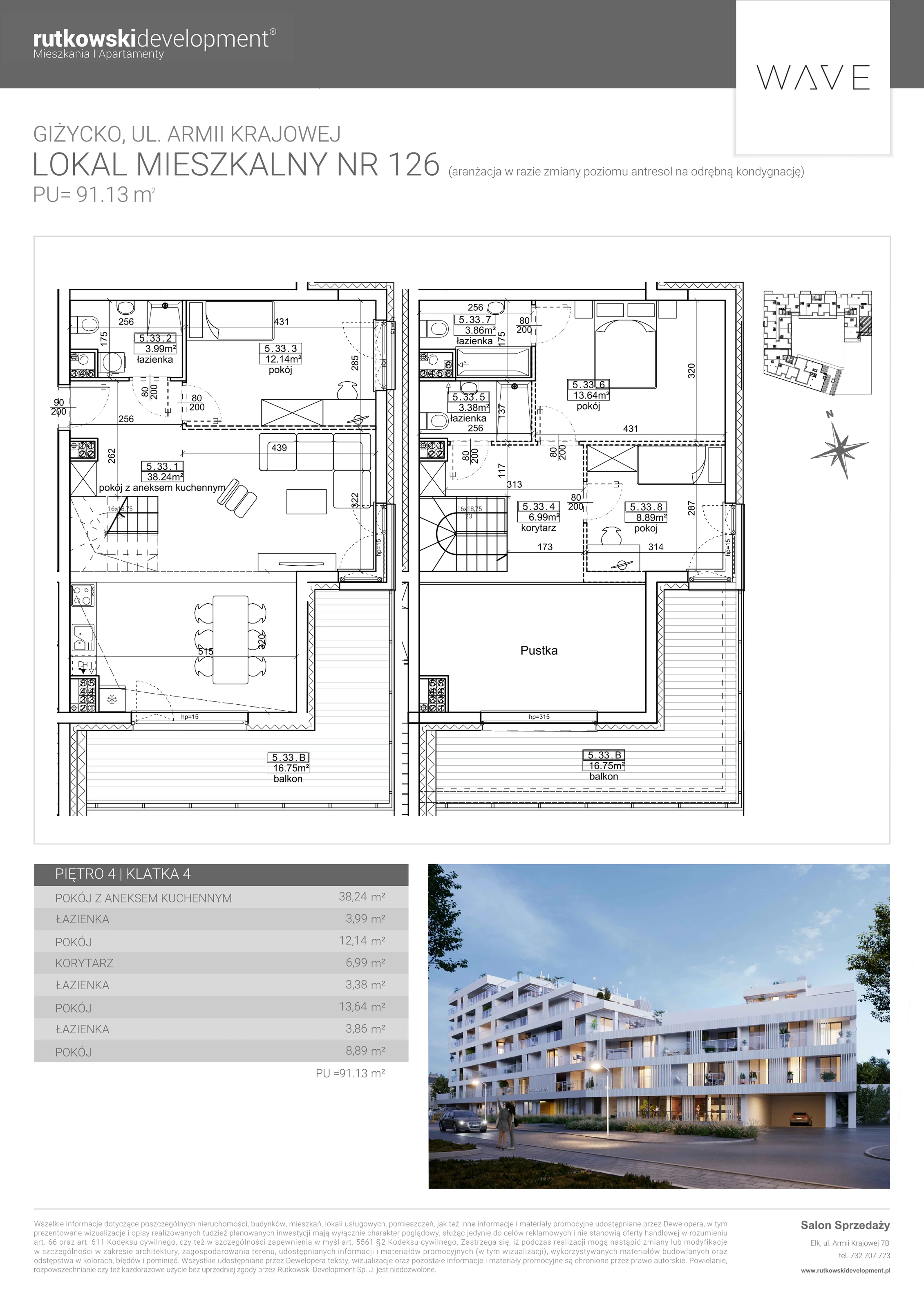 4 pokoje, apartament 89,36 m², piętro 4, oferta nr M-126, Wave - Etap 1, Giżycko, ul. Armii Krajowej