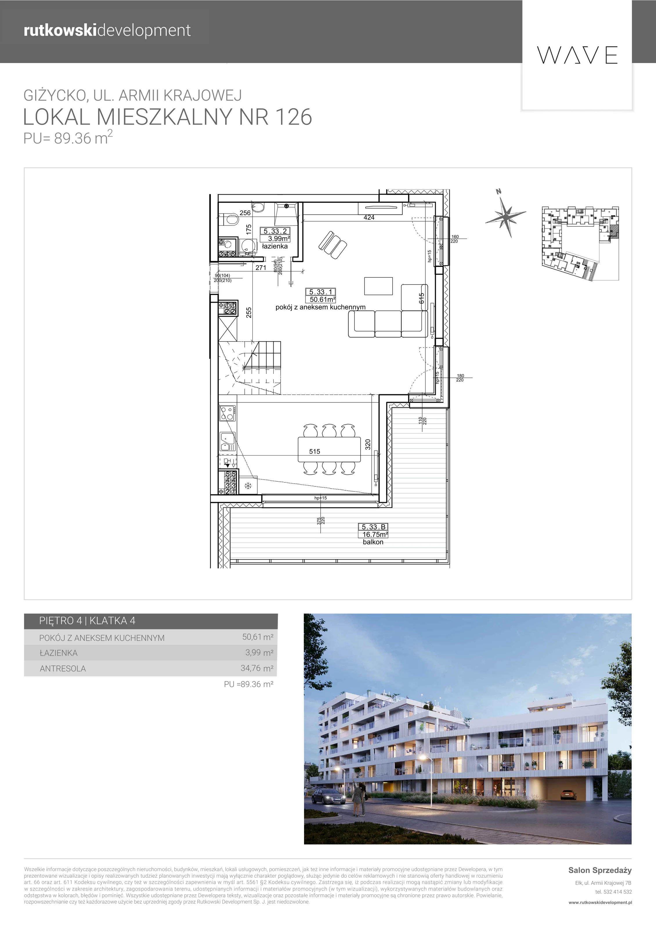 4 pokoje, apartament 89,36 m², piętro 4, oferta nr M-126, Wave - Etap 1, Giżycko, ul. Armii Krajowej