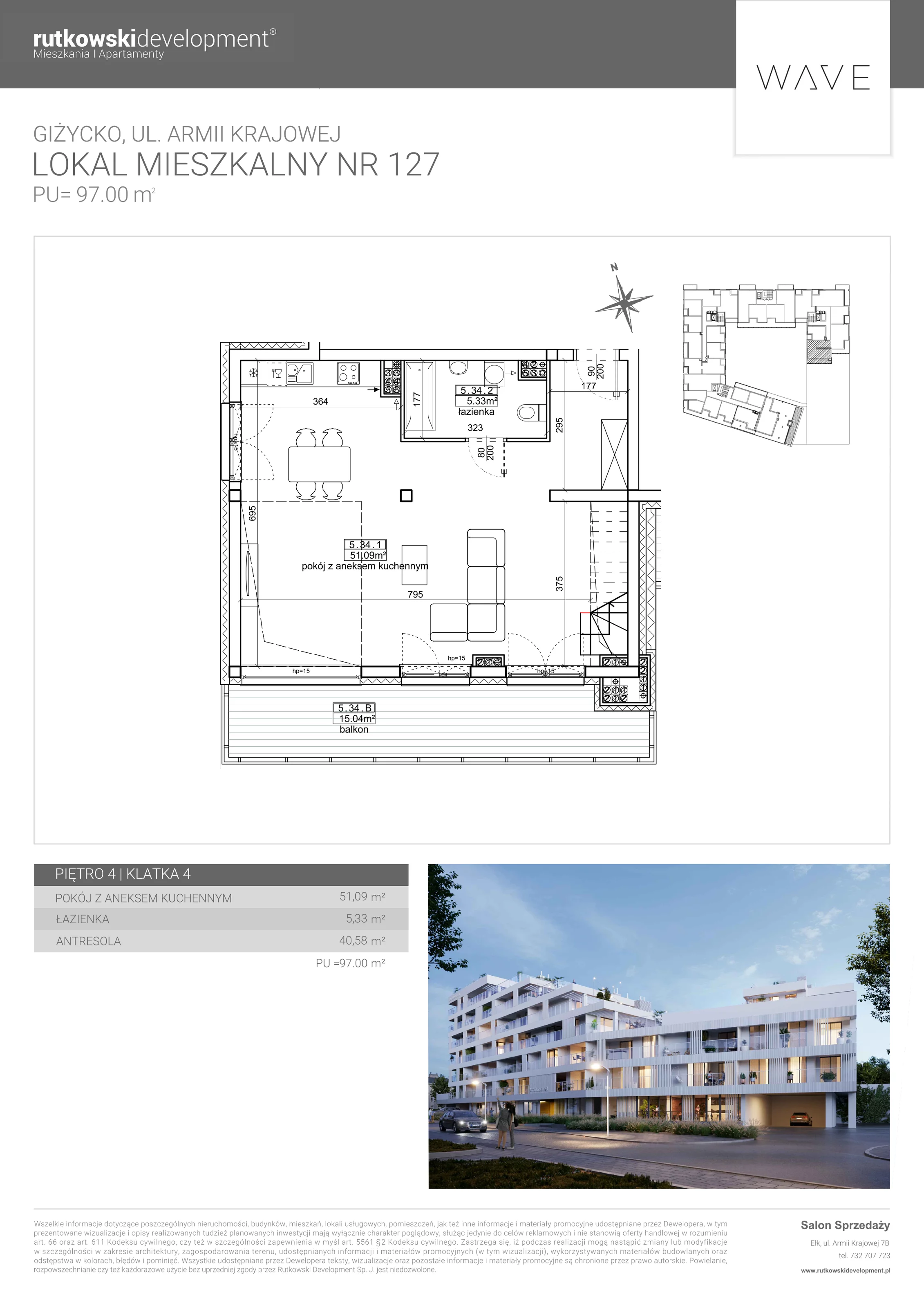 4 pokoje, apartament 96,53 m², piętro 4, oferta nr M-127, Wave - Etap 1, Giżycko, ul. Armii Krajowej