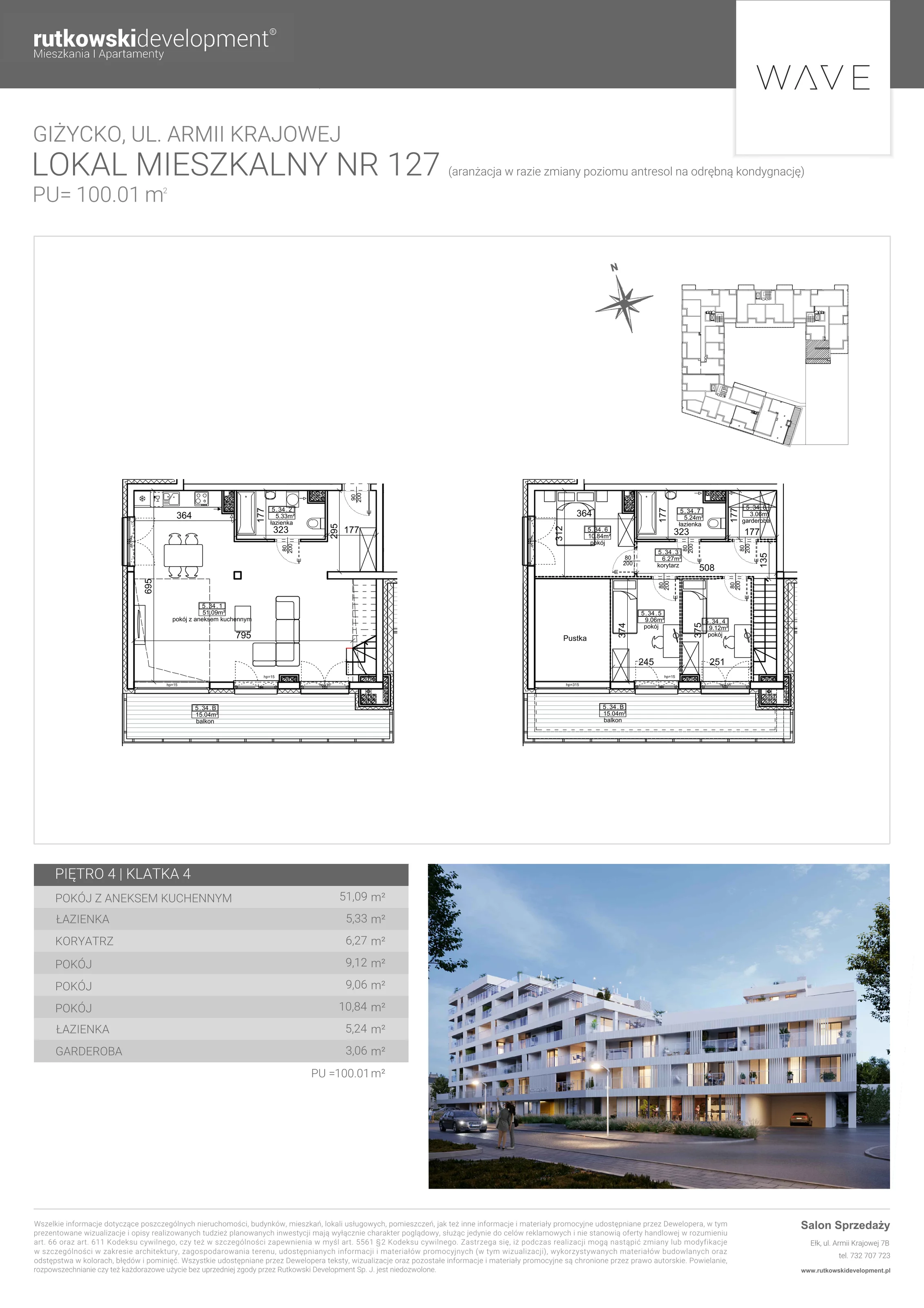 4 pokoje, apartament 96,53 m², piętro 4, oferta nr M-127, Wave - Etap 1, Giżycko, ul. Armii Krajowej