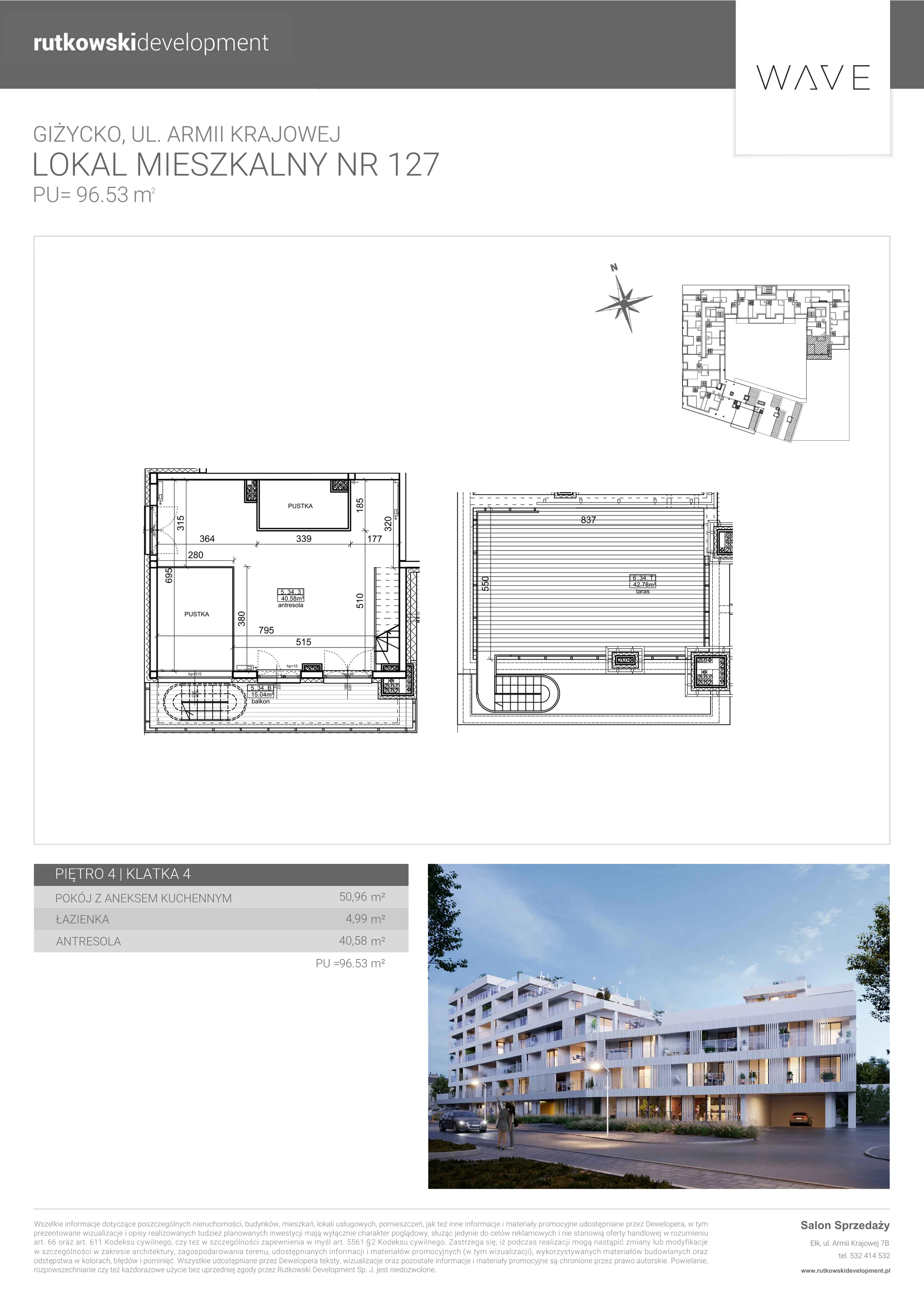 4 pokoje, apartament 96,53 m², piętro 4, oferta nr M-127, Wave - Etap 1, Giżycko, ul. Armii Krajowej