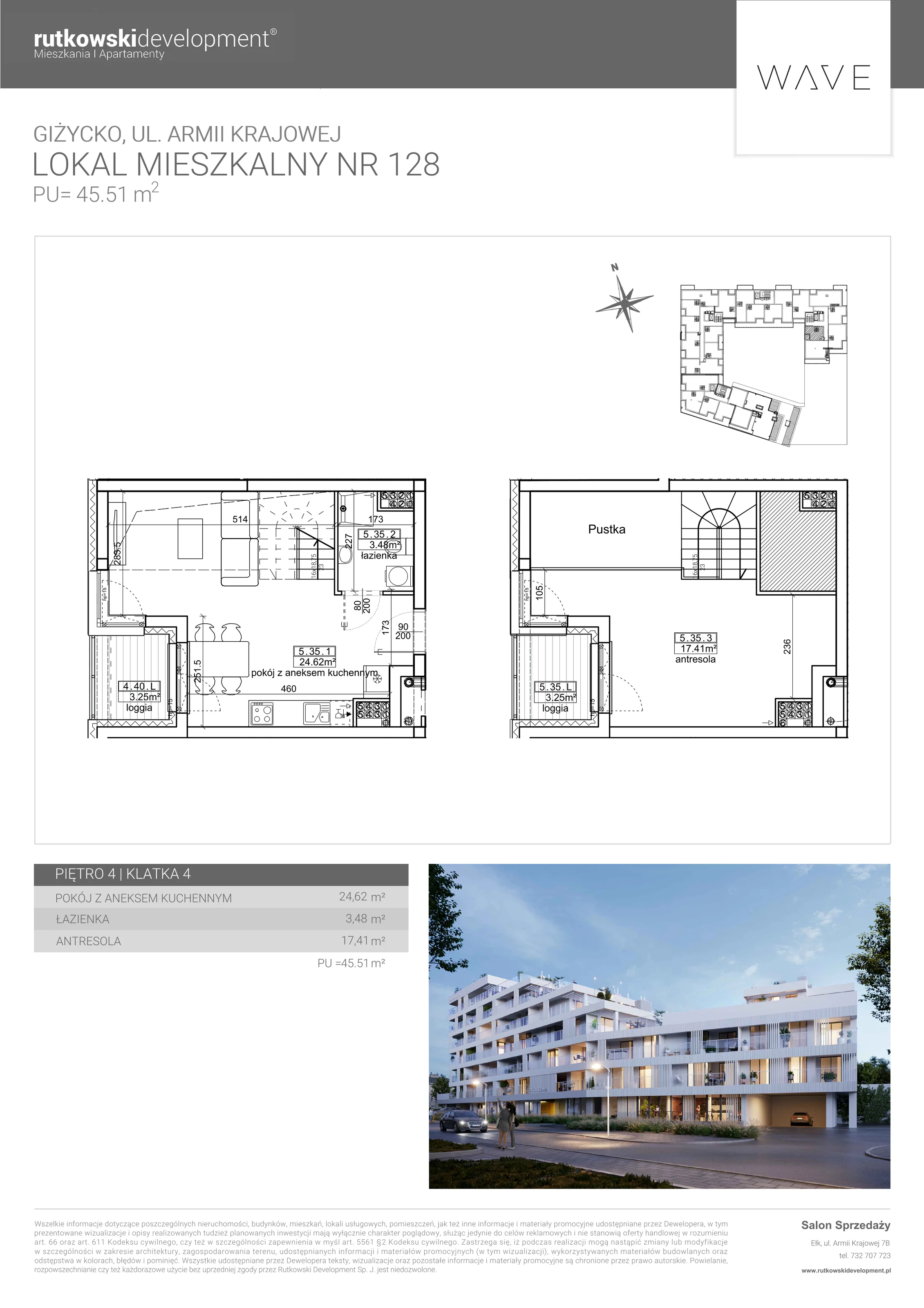 Apartament 45,23 m², piętro 4, oferta nr M-128, Wave - Etap 1, Giżycko, ul. Armii Krajowej