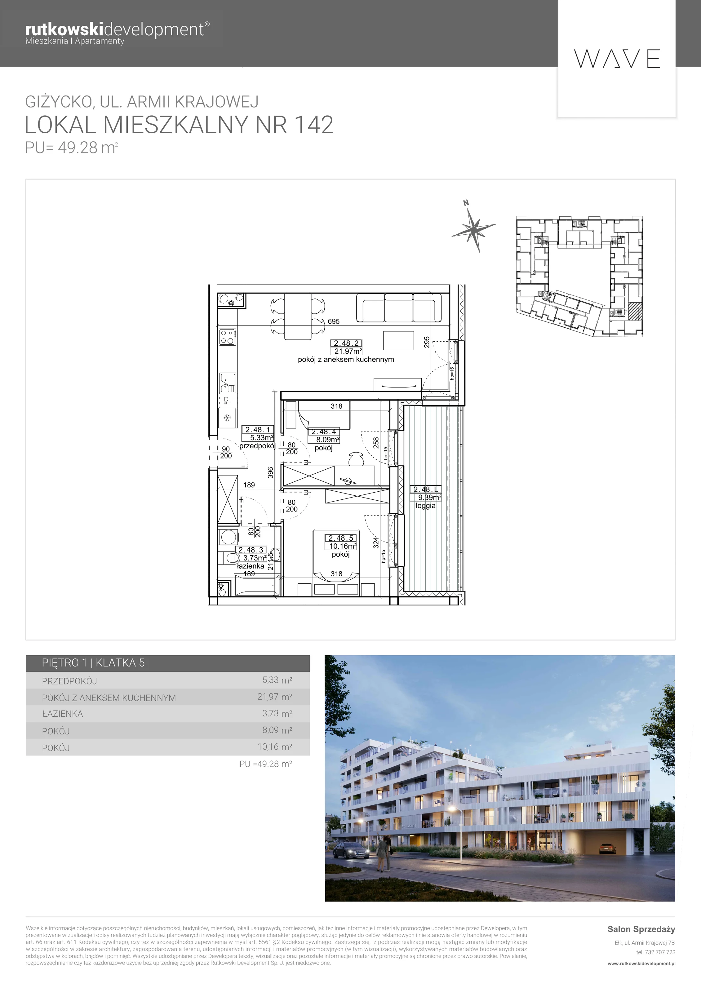 Apartament 49,28 m², piętro 1, oferta nr M-142, Wave - Etap 1, Giżycko, ul. Armii Krajowej