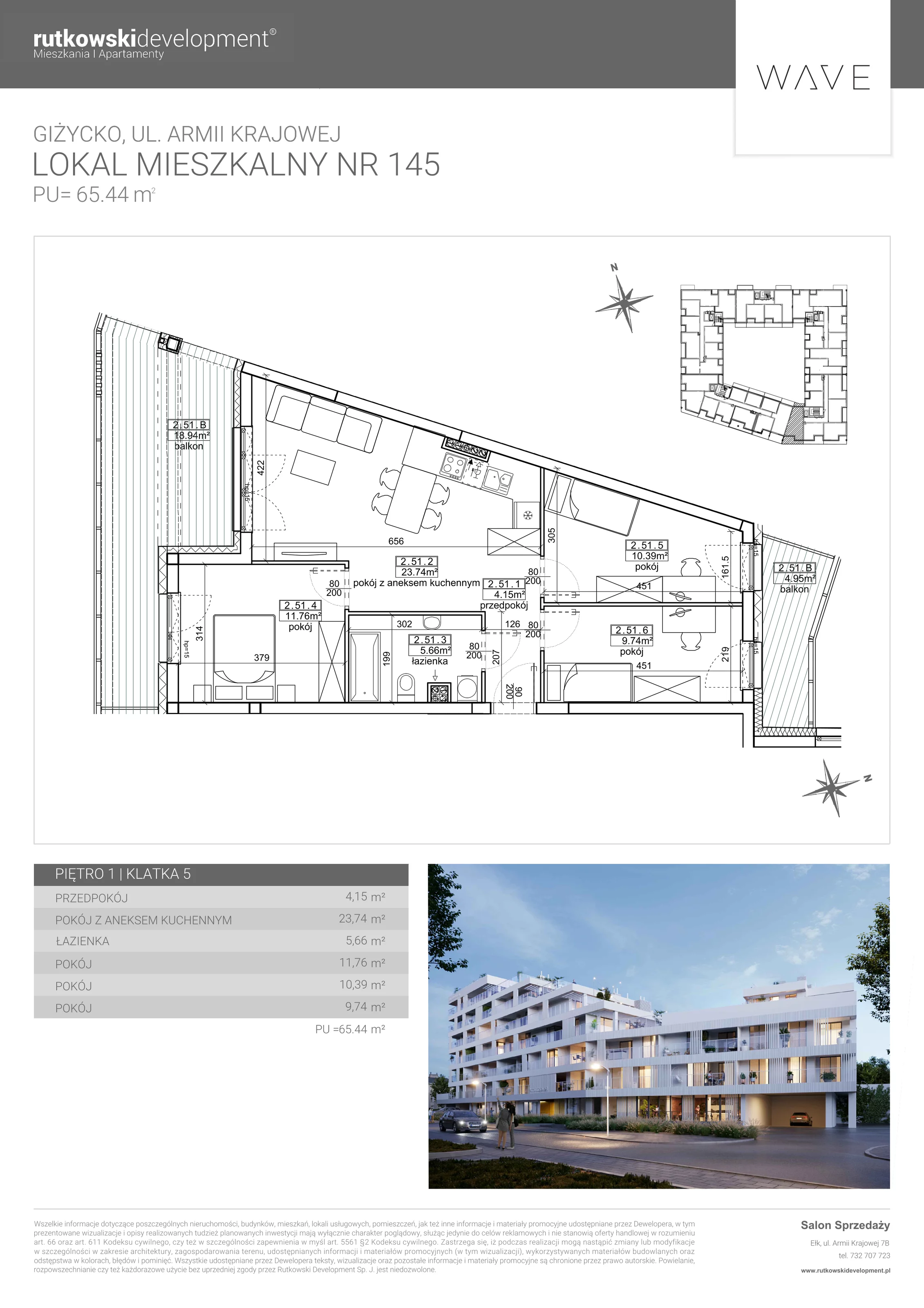 Apartament 65,44 m², piętro 1, oferta nr M-145, Wave - Etap 1, Giżycko, ul. Armii Krajowej