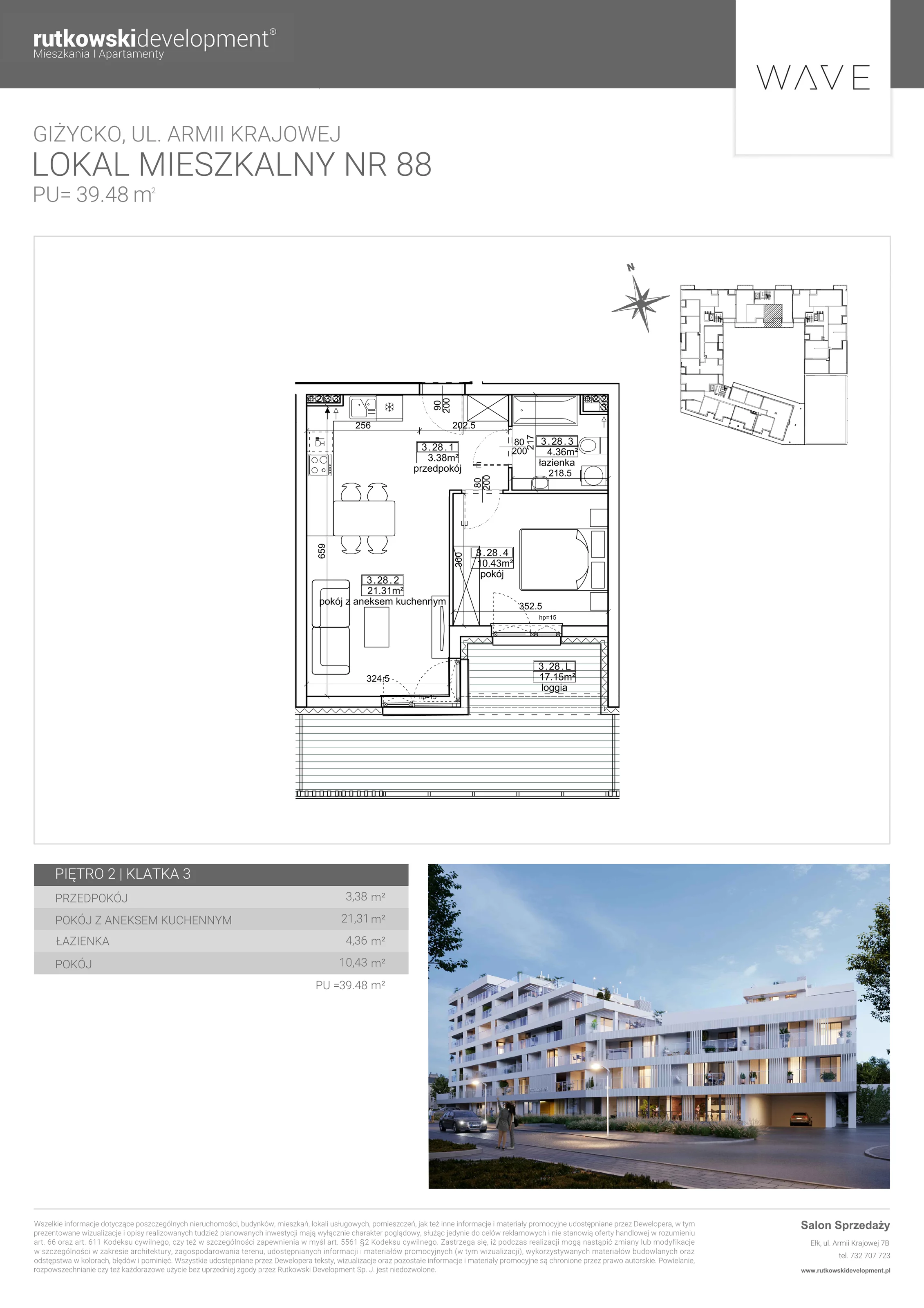 Apartament 39,48 m², piętro 2, oferta nr M-88, Wave - Etap 1, Giżycko, ul. Armii Krajowej