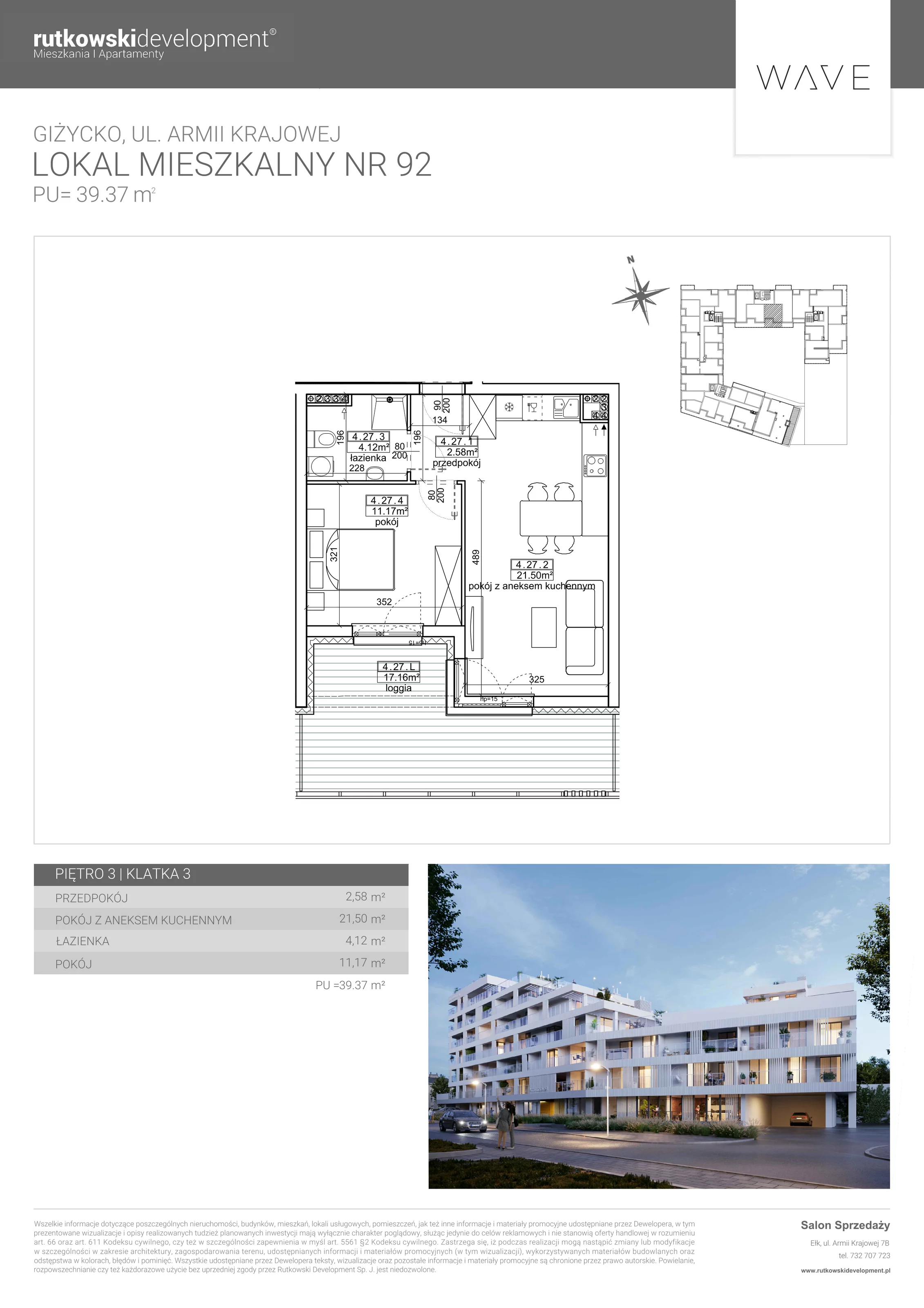 Apartament 39,37 m², piętro 3, oferta nr M-92, Wave - Etap 1, Giżycko, ul. Armii Krajowej