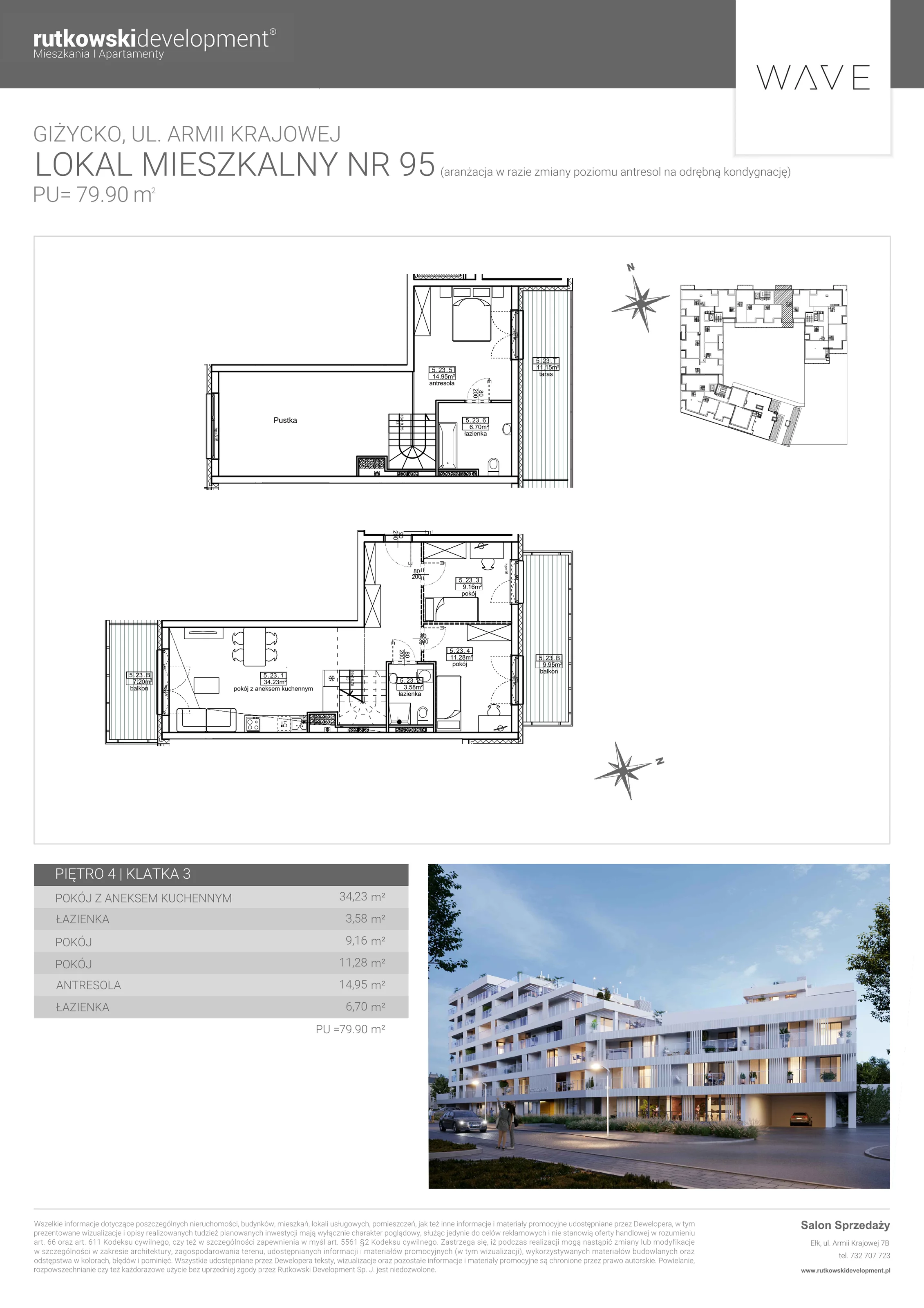 4 pokoje, apartament 73,74 m², piętro 4, oferta nr M-95, Wave - Etap 1, Giżycko, ul. Armii Krajowej