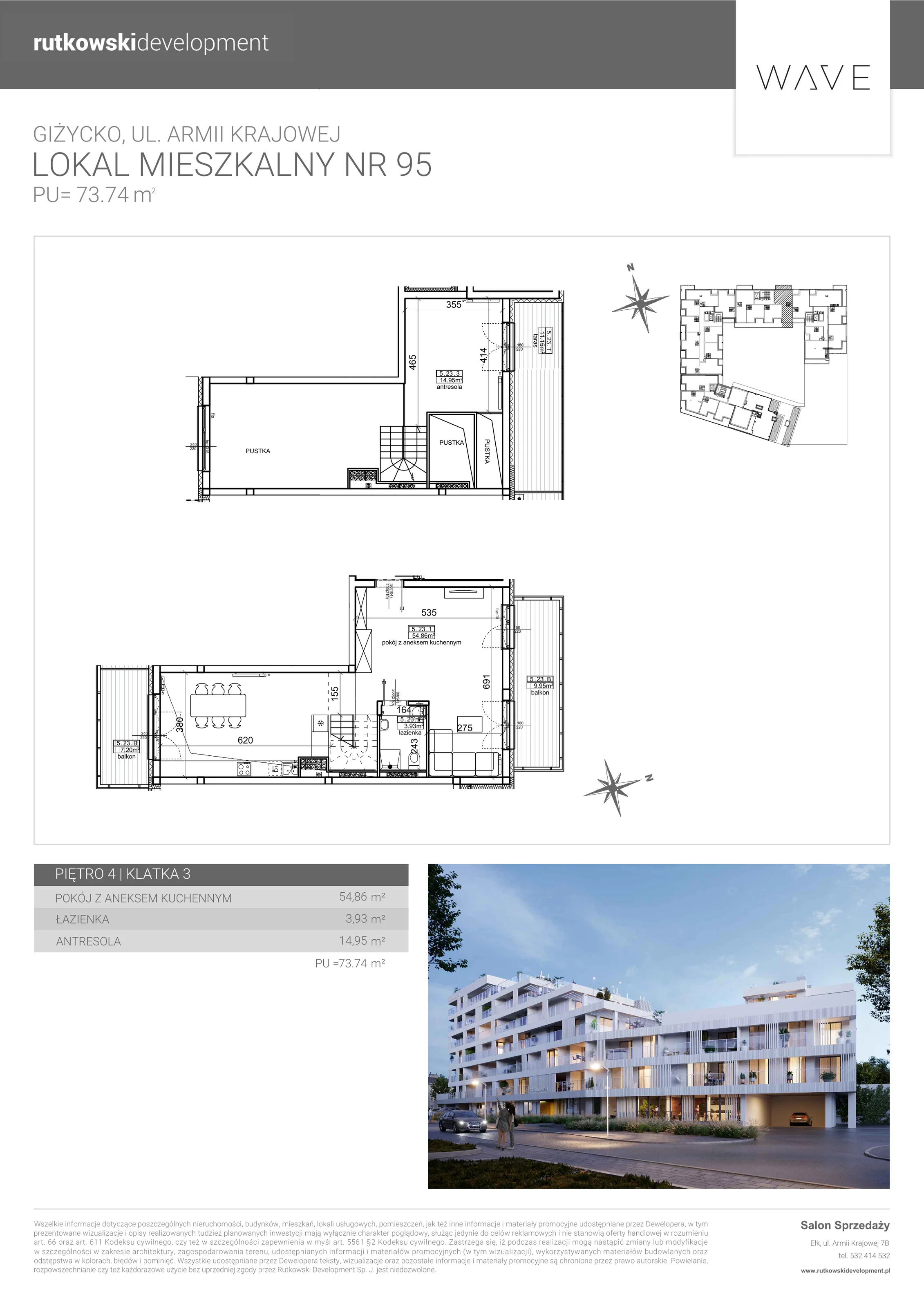 4 pokoje, apartament 73,74 m², piętro 4, oferta nr M-95, Wave - Etap 1, Giżycko, ul. Armii Krajowej