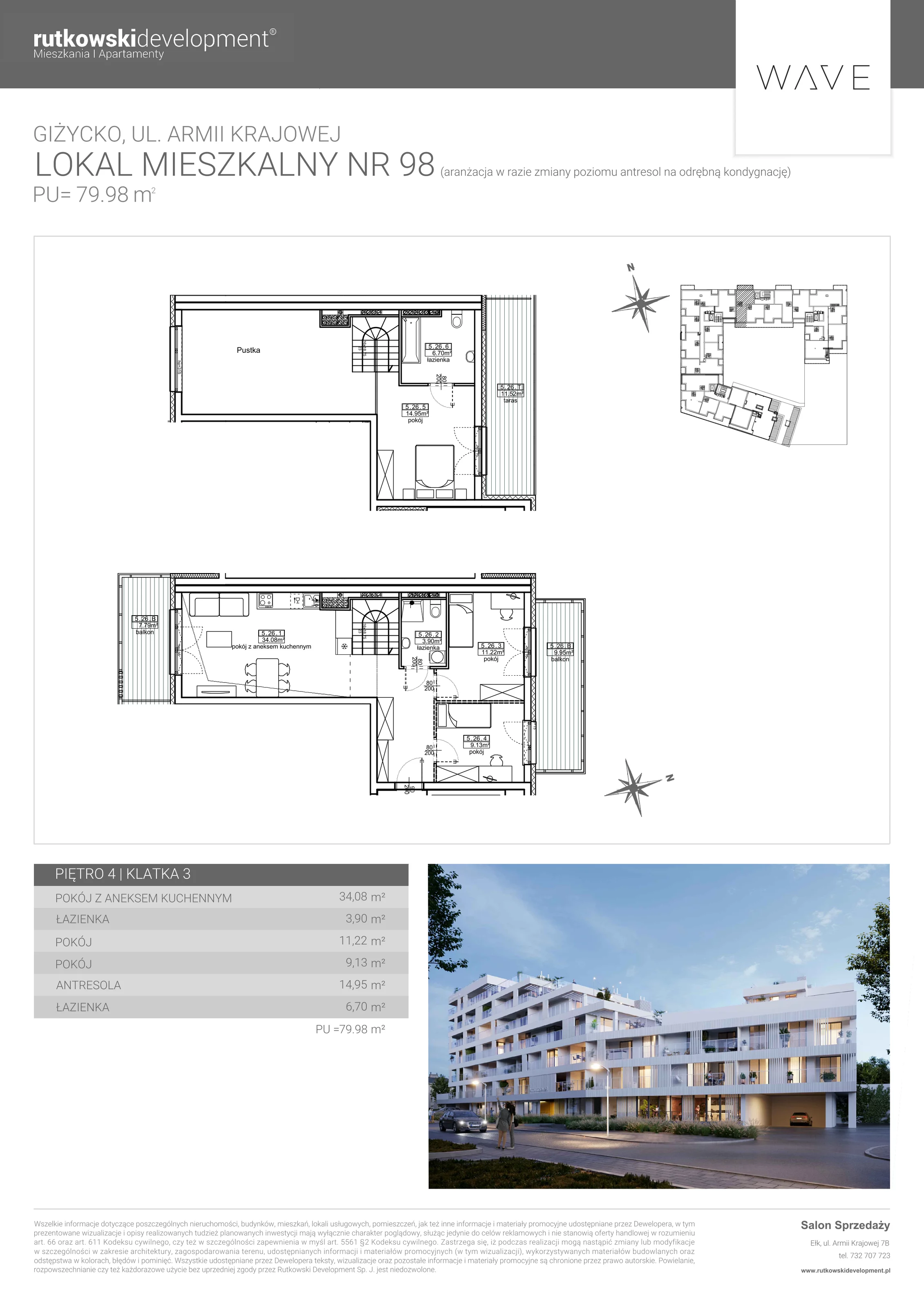 4 pokoje, apartament 73,85 m², piętro 4, oferta nr M-98, Wave - Etap 1, Giżycko, ul. Armii Krajowej