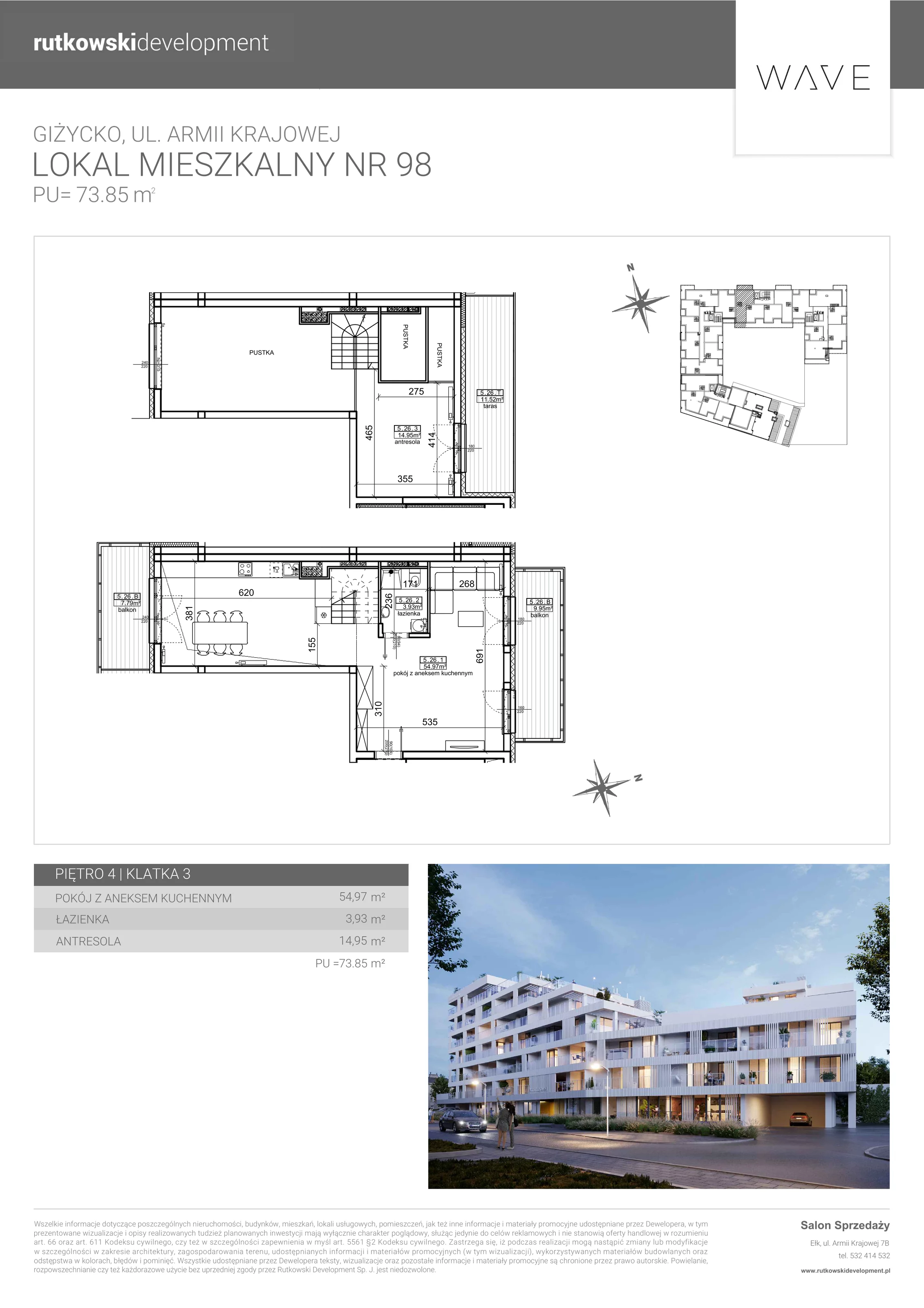 4 pokoje, apartament 73,85 m², piętro 4, oferta nr M-98, Wave - Etap 1, Giżycko, ul. Armii Krajowej