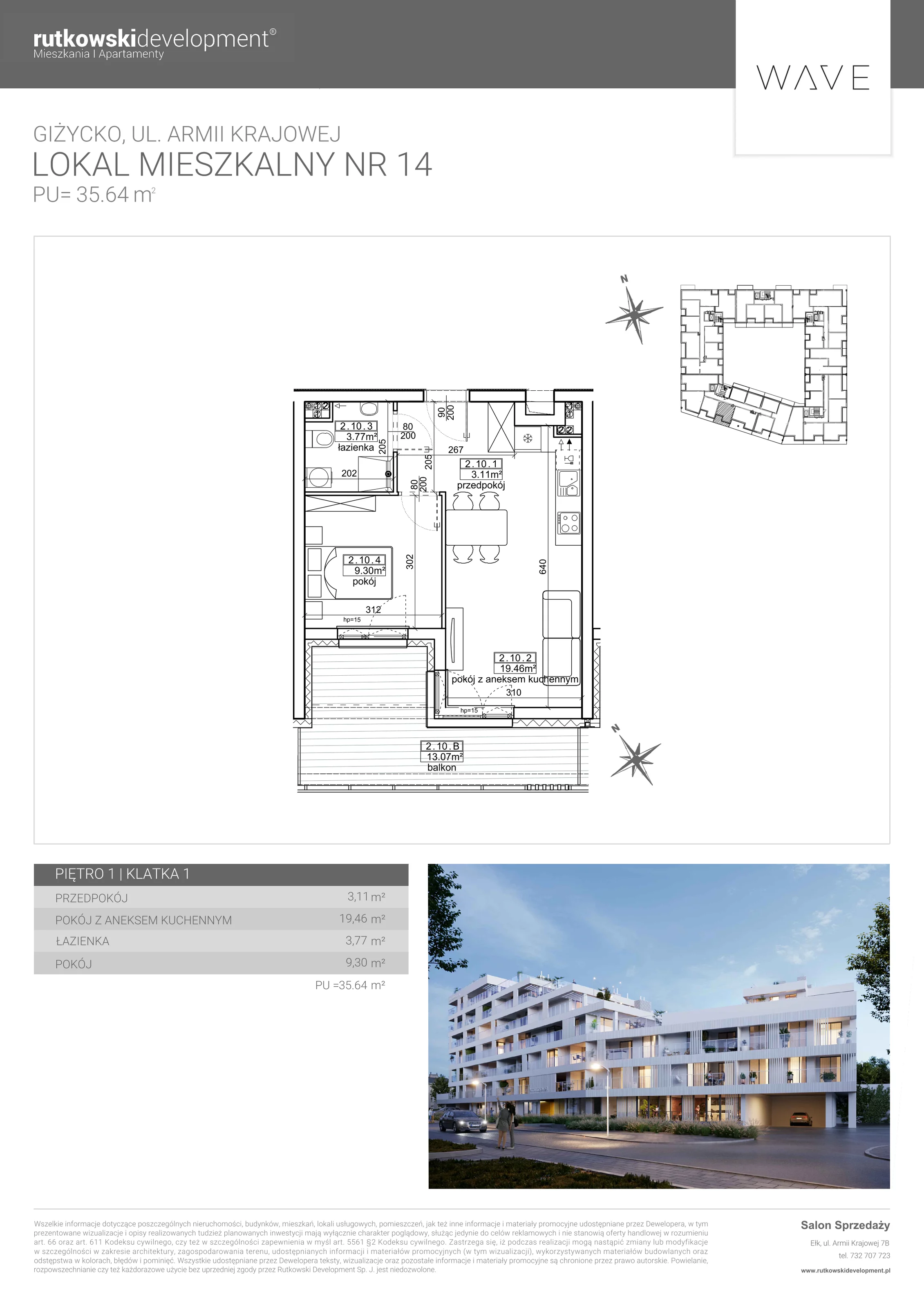 Apartament 35,64 m², parter, oferta nr 14, Wave - Etap 2, Giżycko, ul. Armii Krajowej