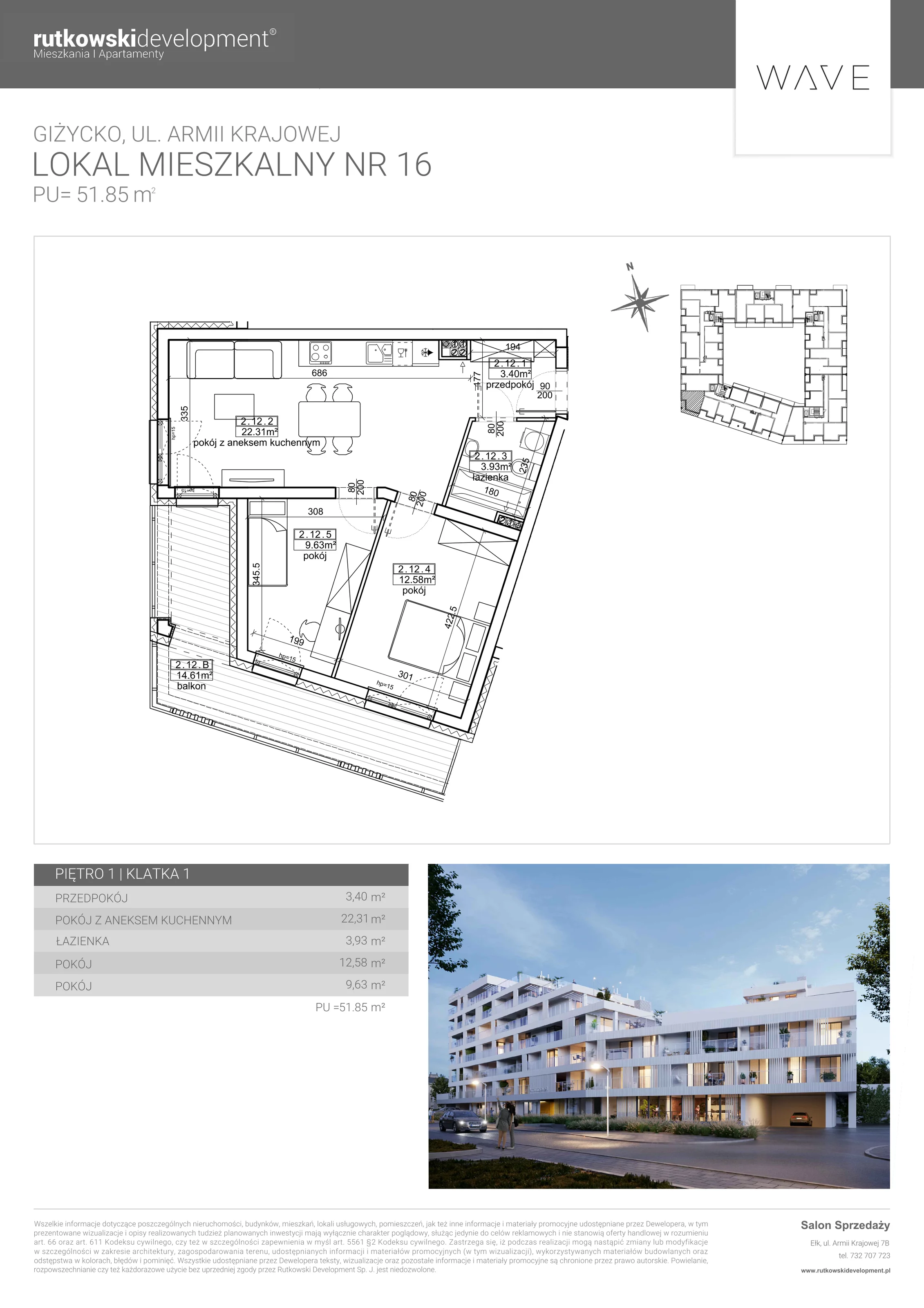 3 pokoje, apartament 51,85 m², parter, oferta nr 16, Wave - Etap 2, Giżycko, ul. Armii Krajowej