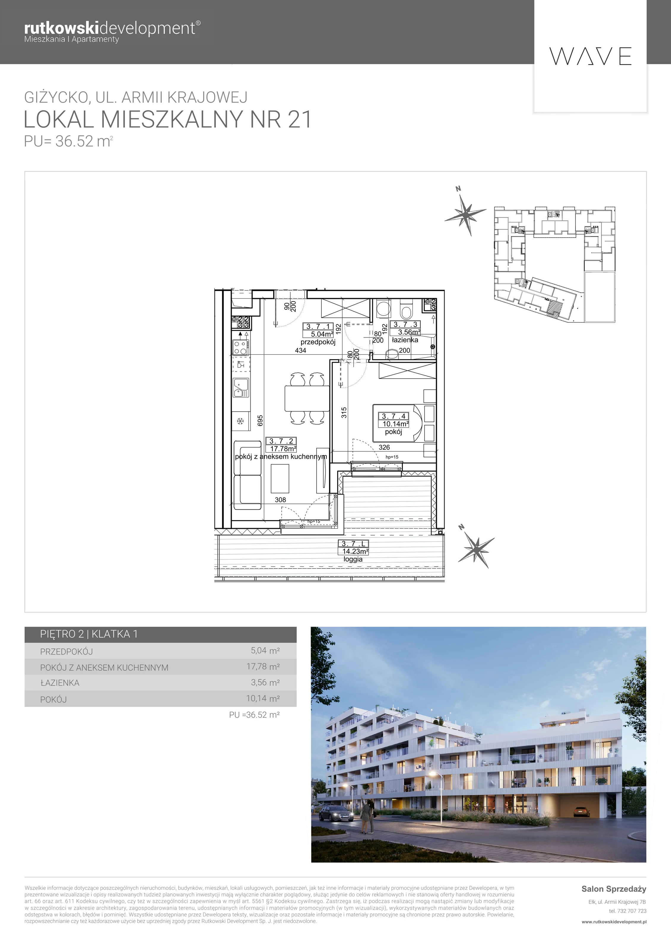 Apartament 36,52 m², parter, oferta nr 21, Wave - Etap 2, Giżycko, ul. Armii Krajowej