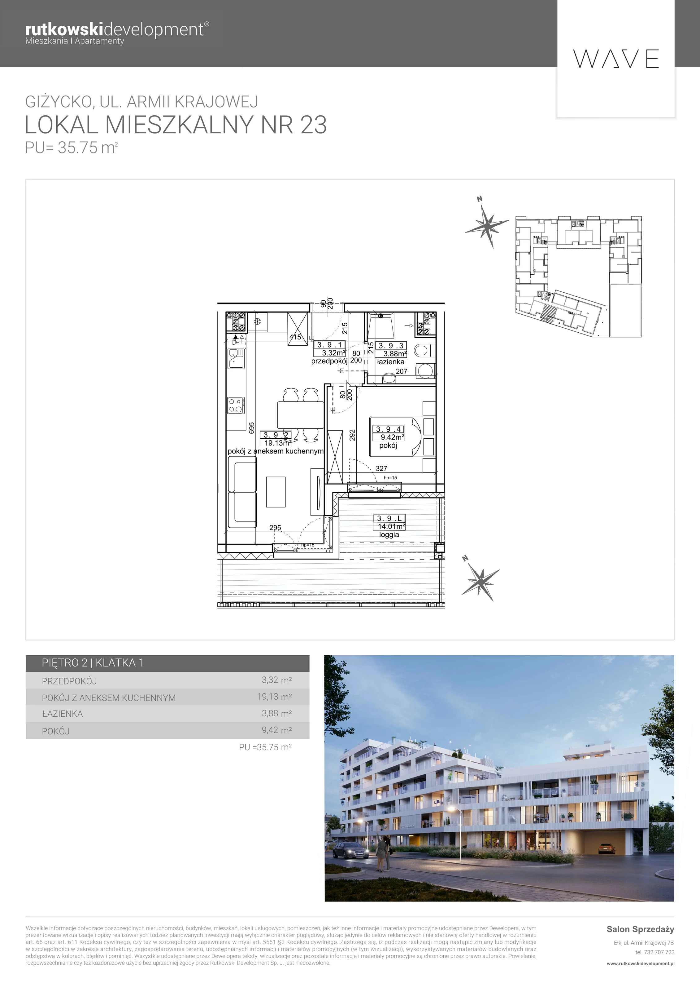 Apartament 35,75 m², parter, oferta nr 23, Wave - Etap 2, Giżycko, ul. Armii Krajowej