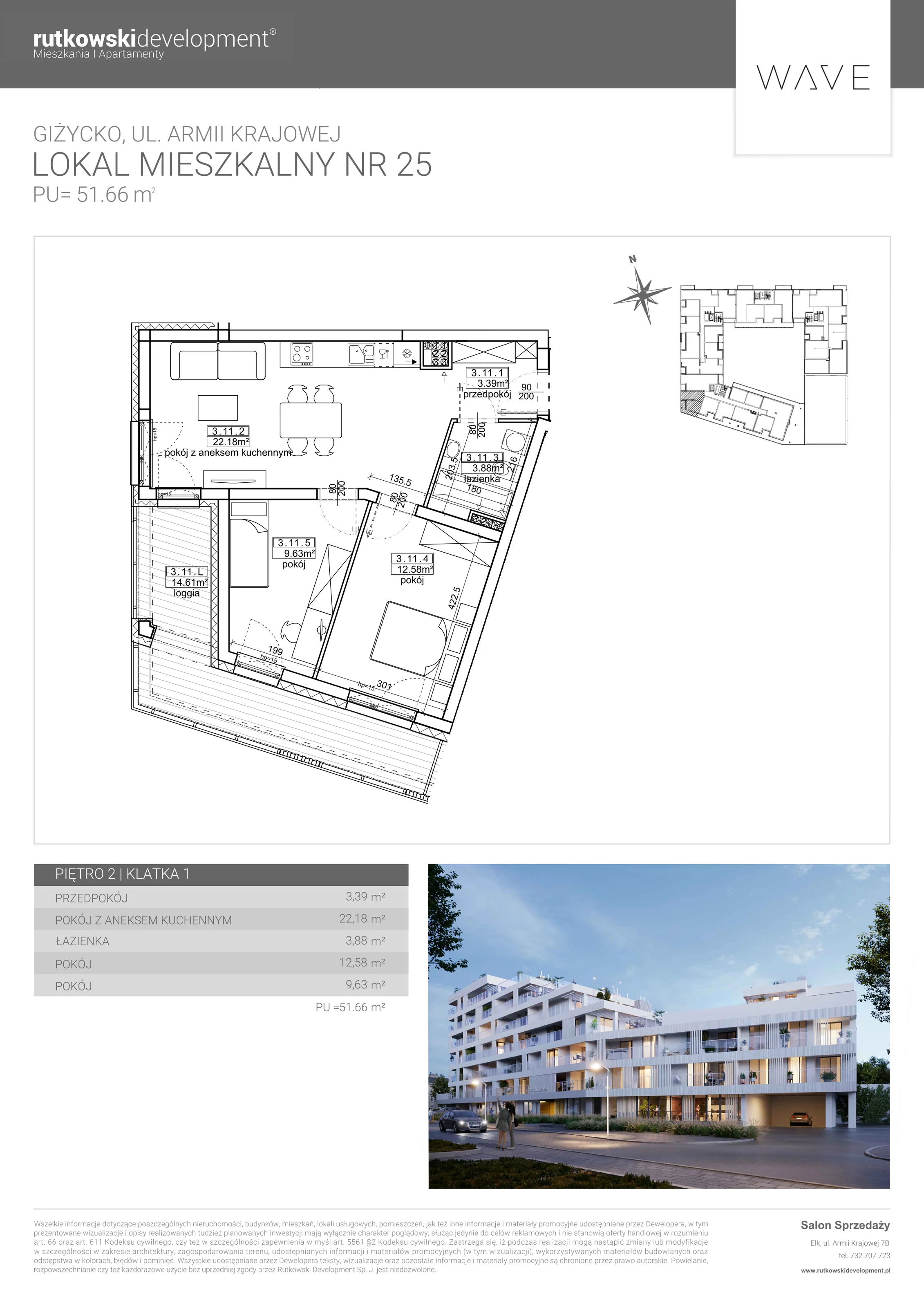 3 pokoje, apartament 51,66 m², parter, oferta nr 25, Wave - Etap 2, Giżycko, ul. Armii Krajowej