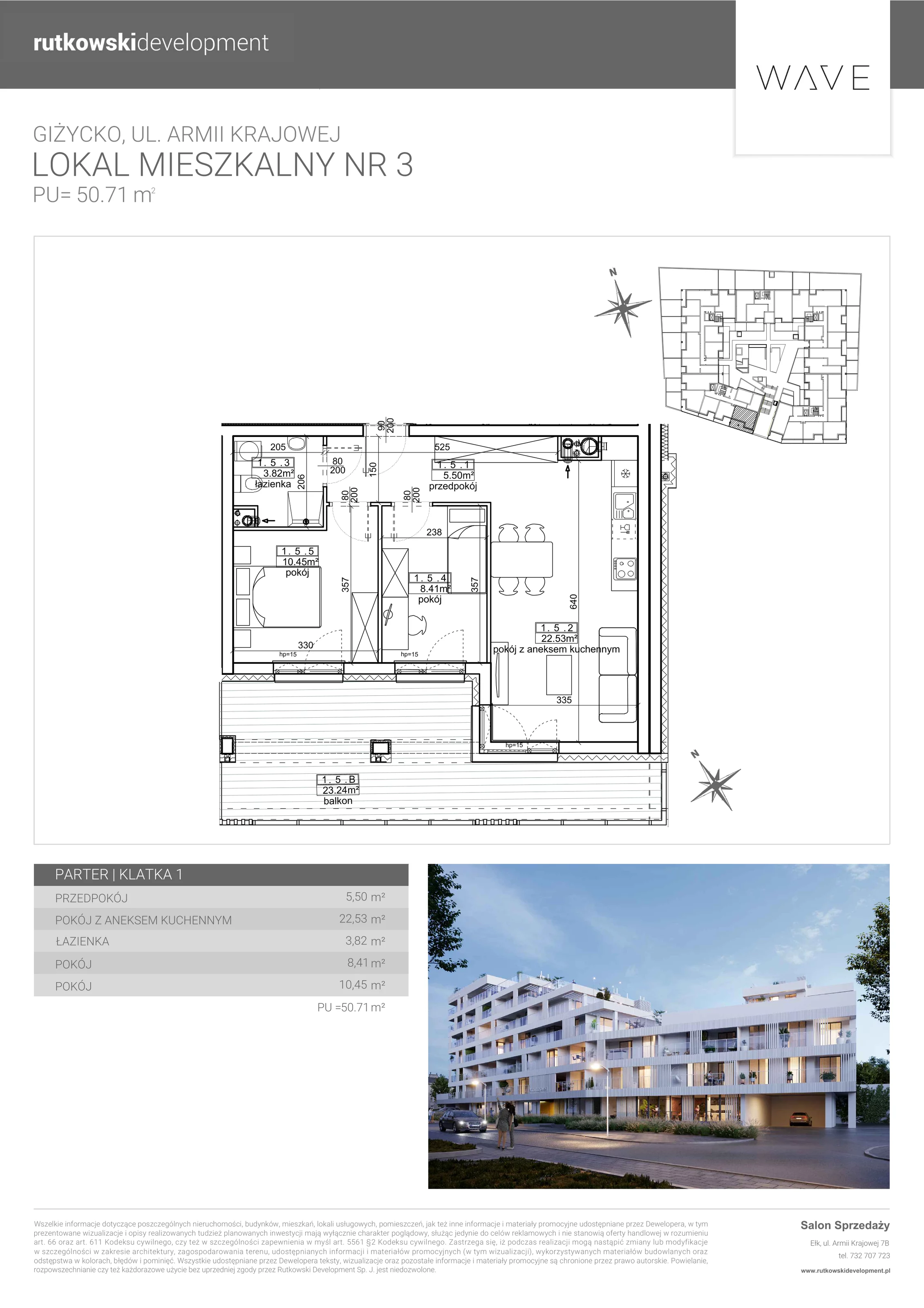 3 pokoje, apartament 50,71 m², parter, oferta nr 3, Wave - Etap 2, Giżycko, ul. Armii Krajowej