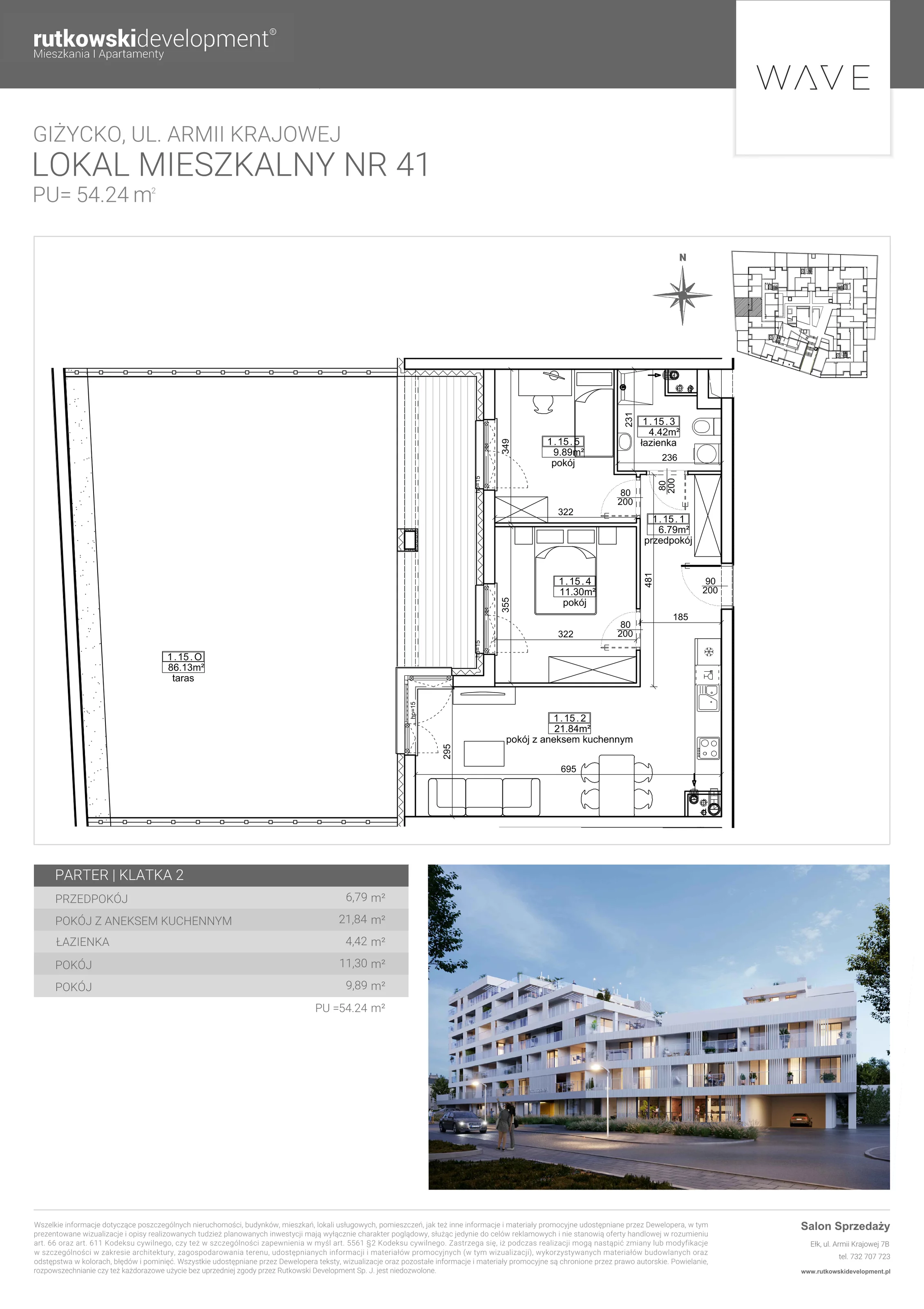 3 pokoje, apartament 54,24 m², parter, oferta nr 41, Wave - Etap 2, Giżycko, ul. Armii Krajowej