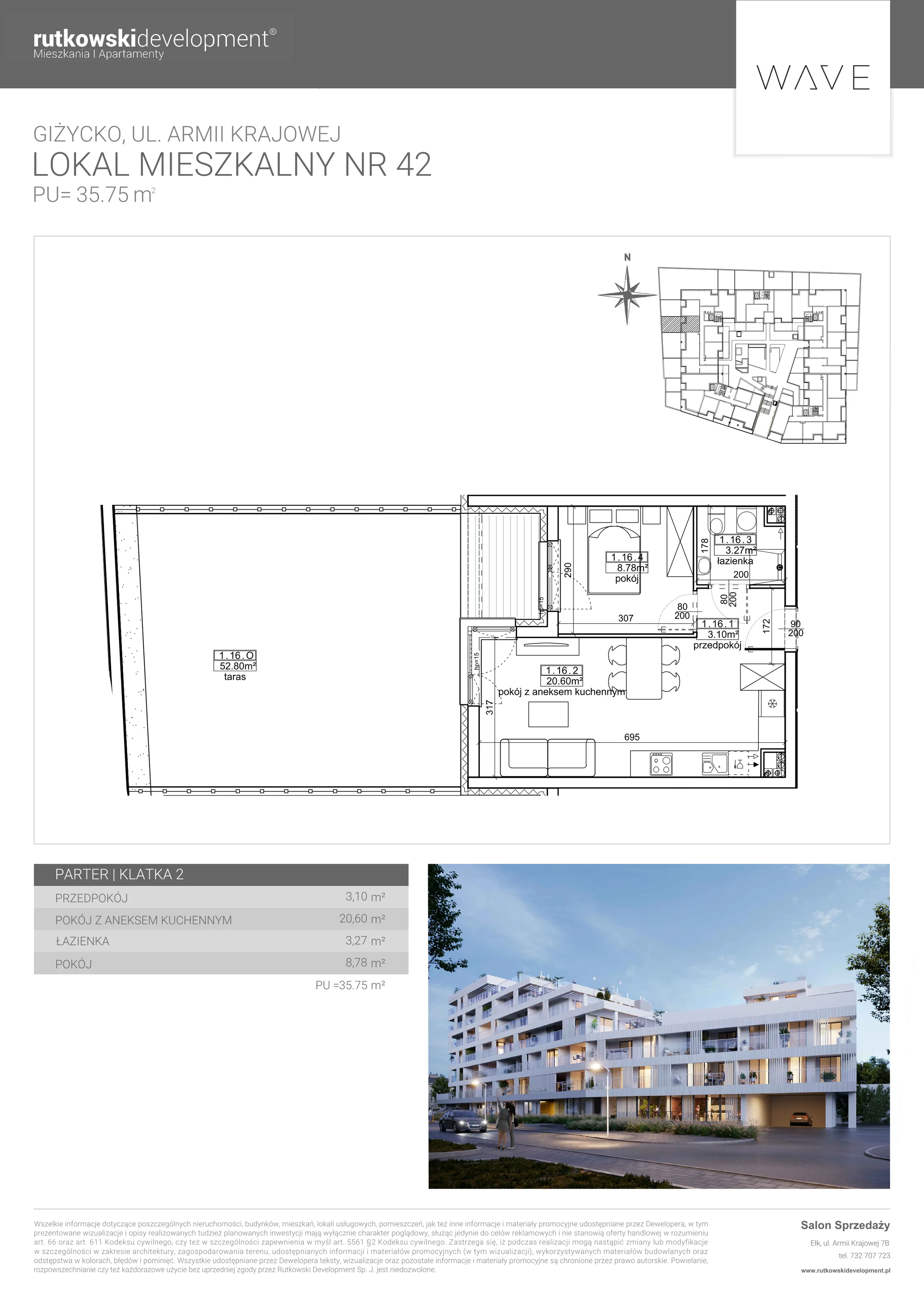 Apartament 35,75 m², parter, oferta nr 42, Wave - Etap 2, Giżycko, ul. Armii Krajowej