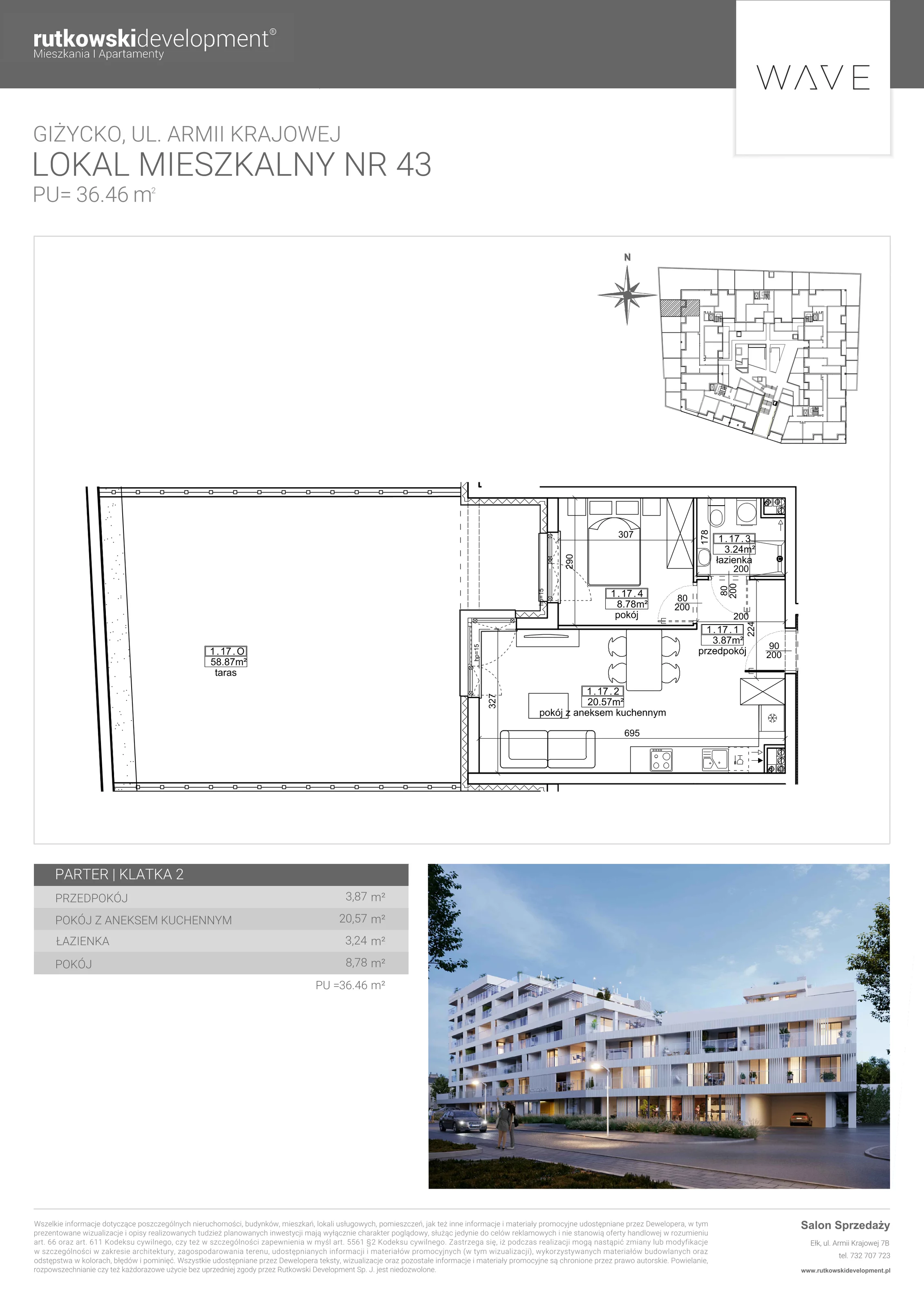 Apartament 36,46 m², parter, oferta nr 43, Wave - Etap 2, Giżycko, ul. Armii Krajowej