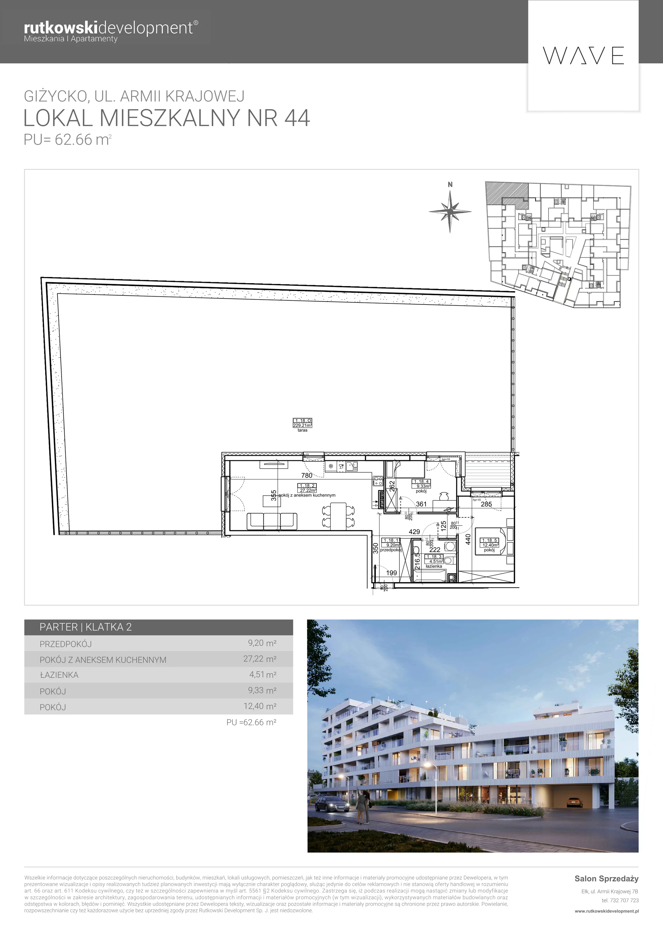 3 pokoje, apartament 62,66 m², parter, oferta nr 44, Wave - Etap 2, Giżycko, ul. Armii Krajowej