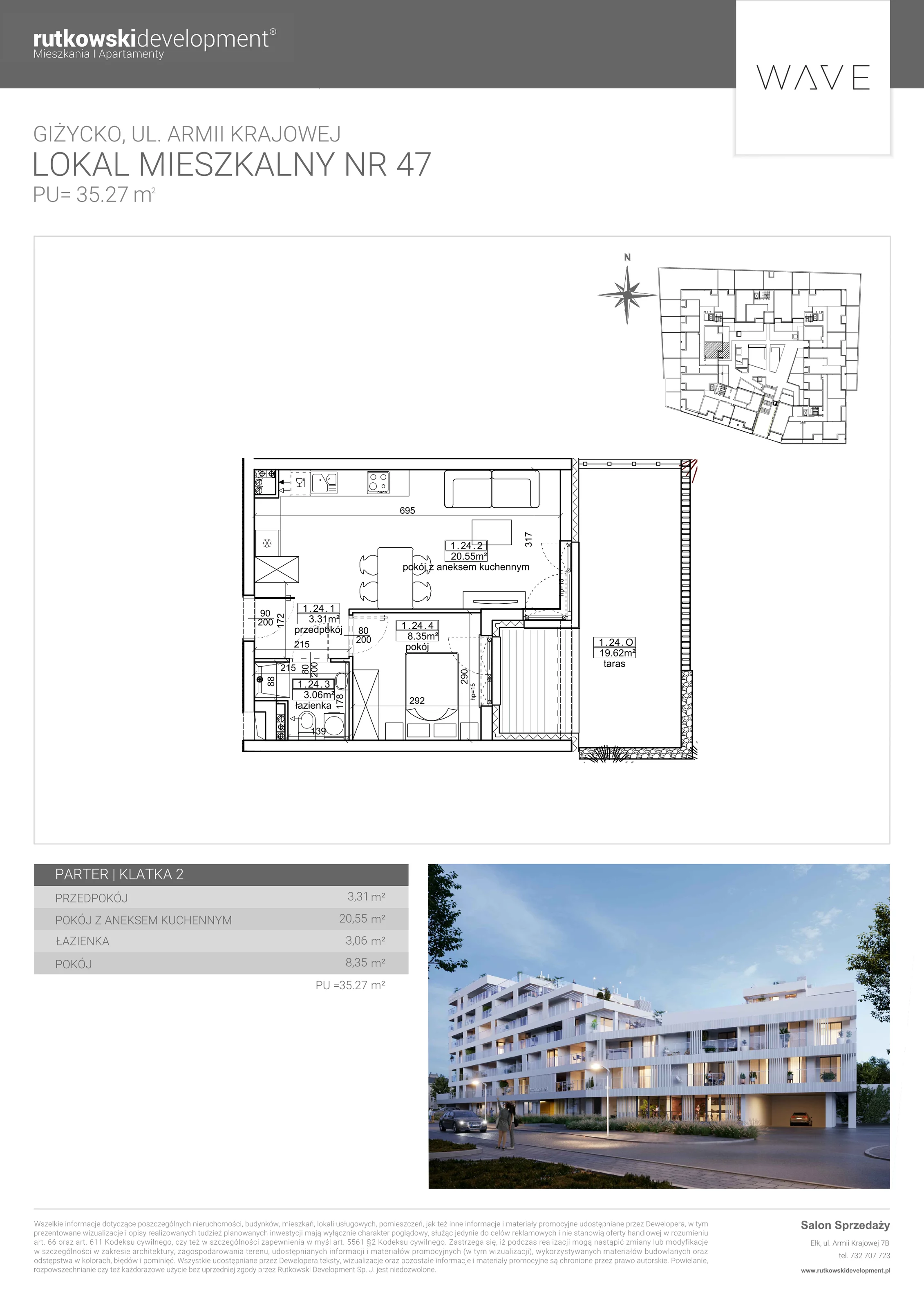 Apartament 35,27 m², parter, oferta nr 47, Wave - Etap 2, Giżycko, ul. Armii Krajowej