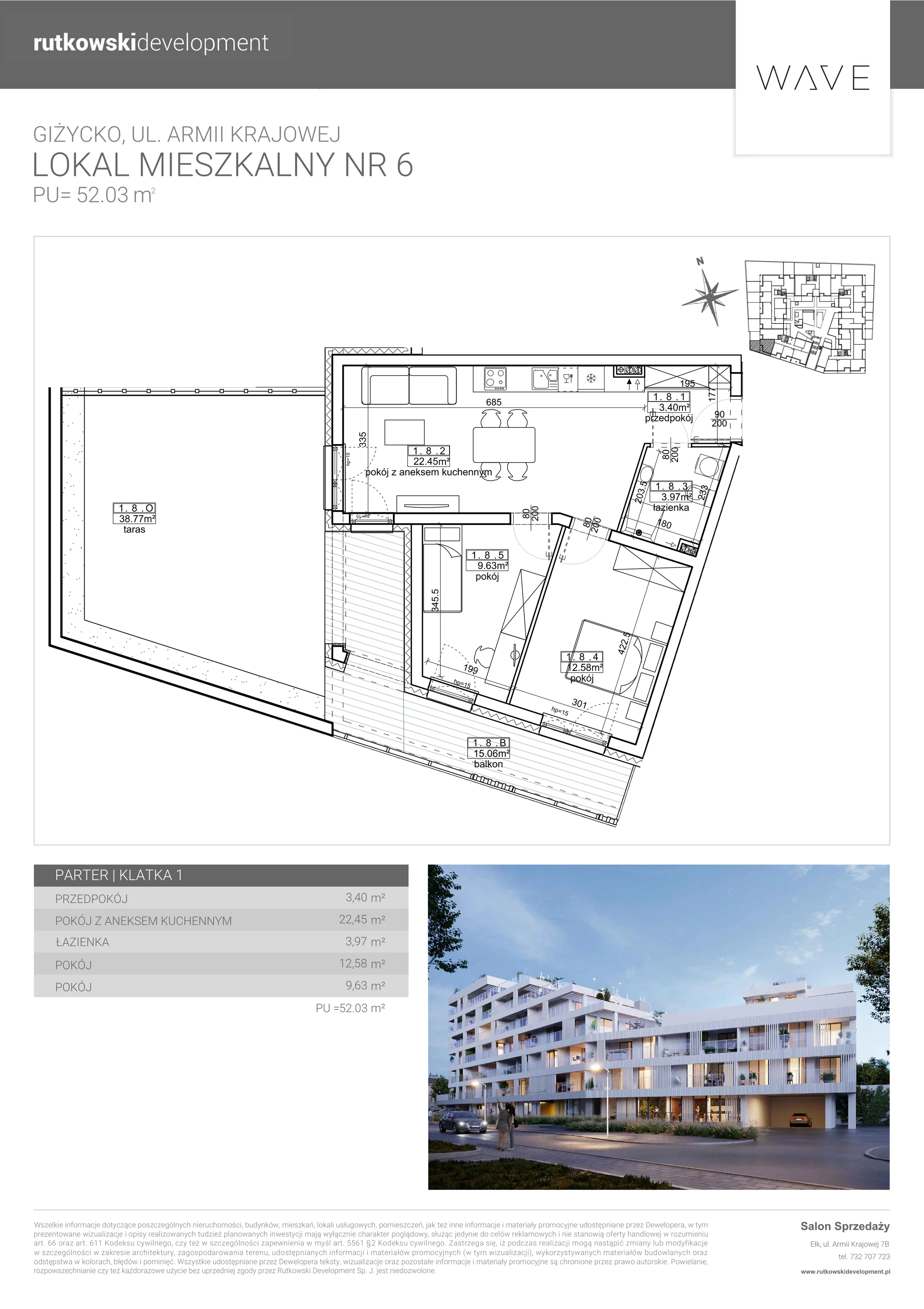 3 pokoje, apartament 52,03 m², parter, oferta nr 6, Wave - Etap 2, Giżycko, ul. Armii Krajowej