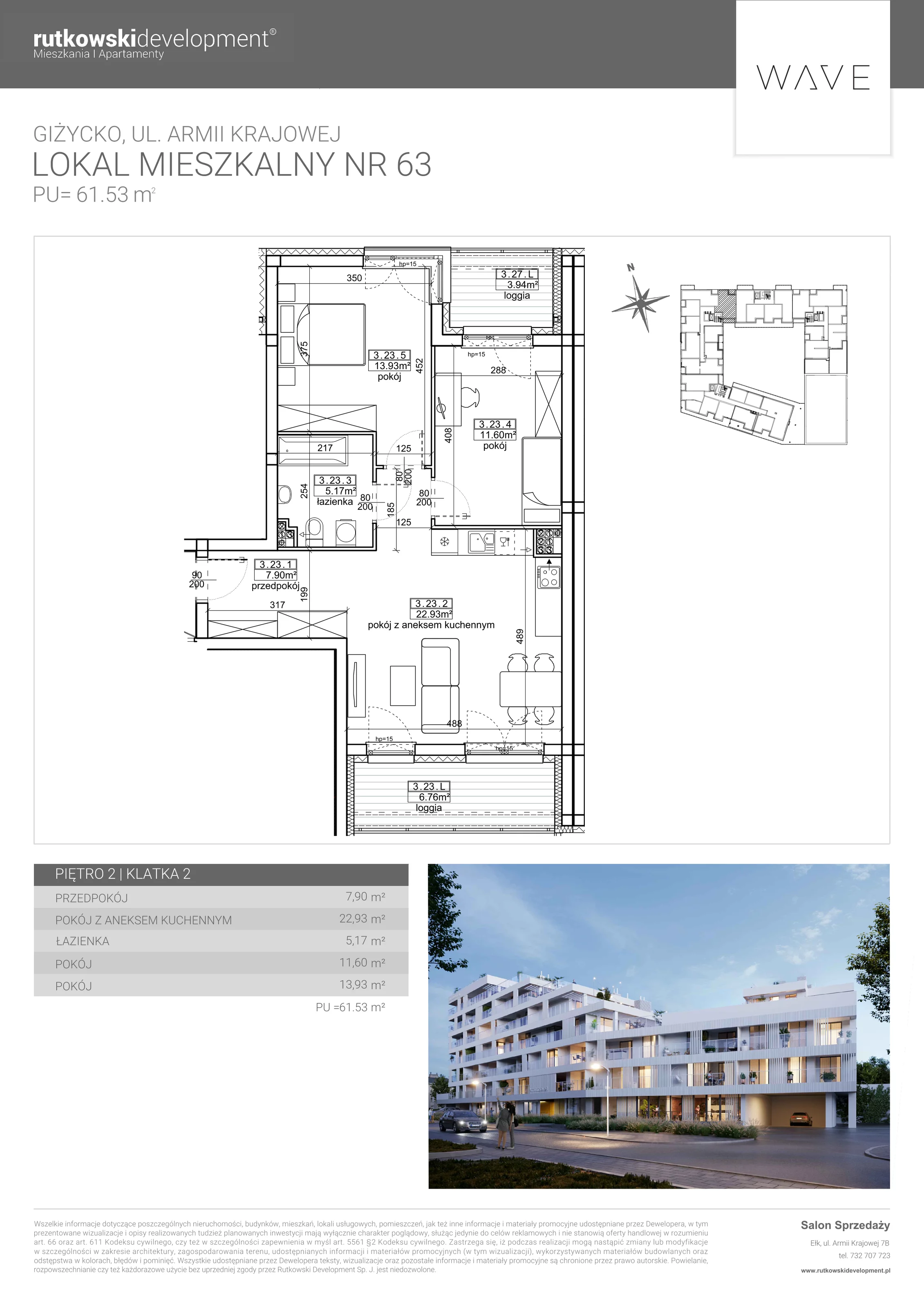 3 pokoje, apartament 61,53 m², parter, oferta nr 63, Wave - Etap 2, Giżycko, ul. Armii Krajowej