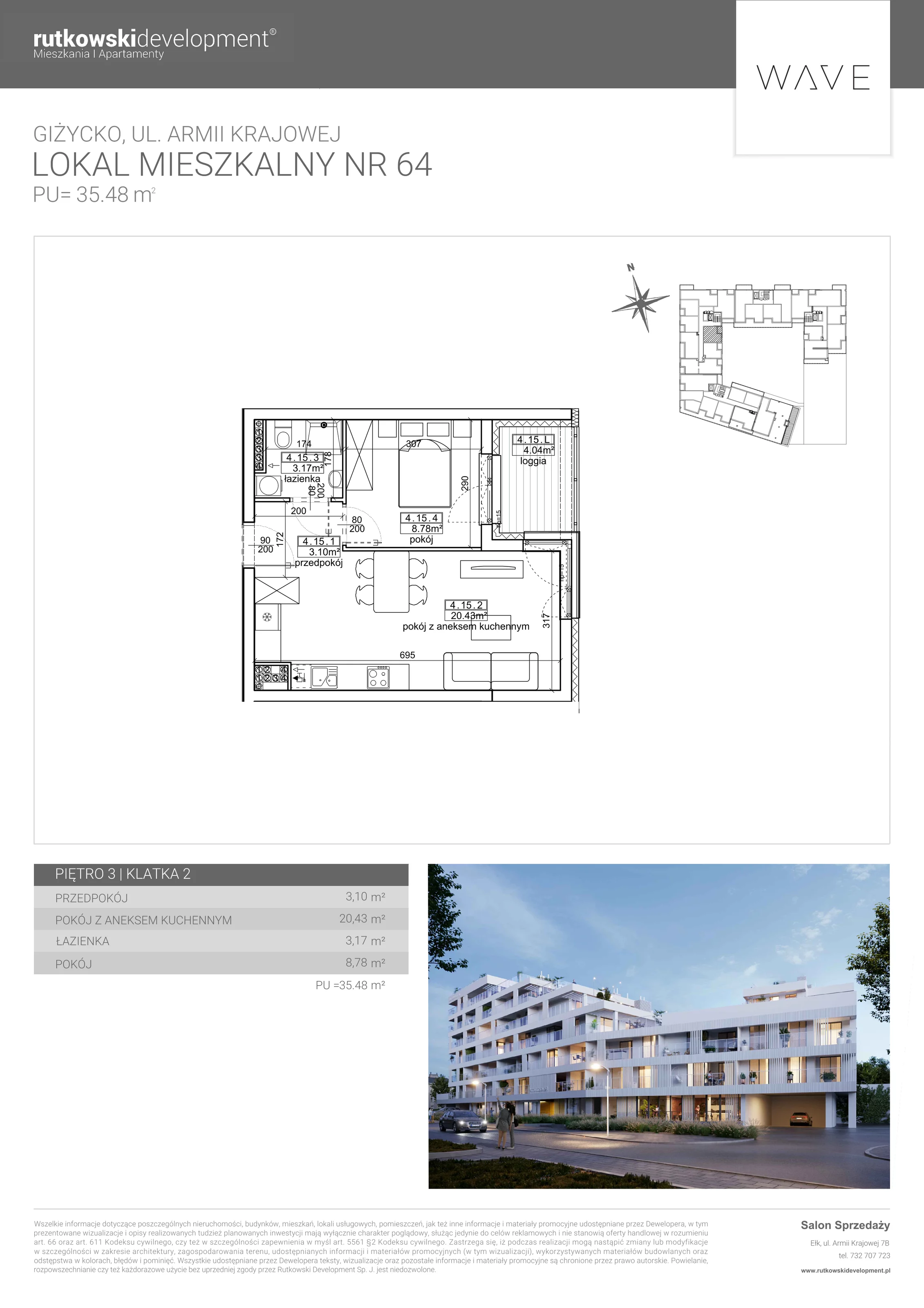 Apartament 35,48 m², parter, oferta nr 64, Wave - Etap 2, Giżycko, ul. Armii Krajowej