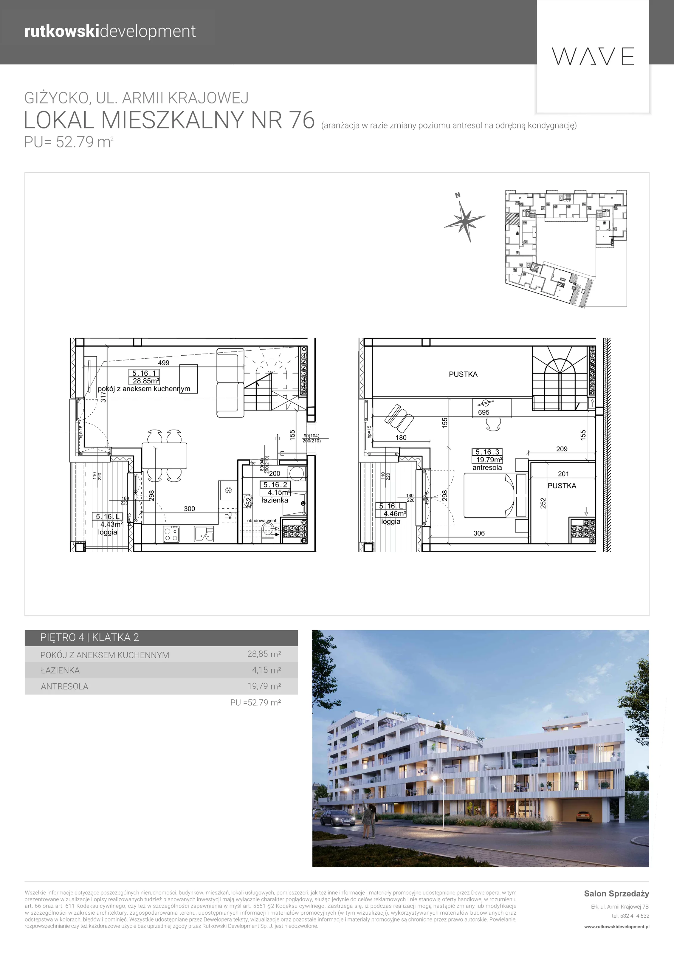 1 pokój, apartament 52,79 m², parter, oferta nr 76, Wave - Etap 2, Giżycko, ul. Armii Krajowej