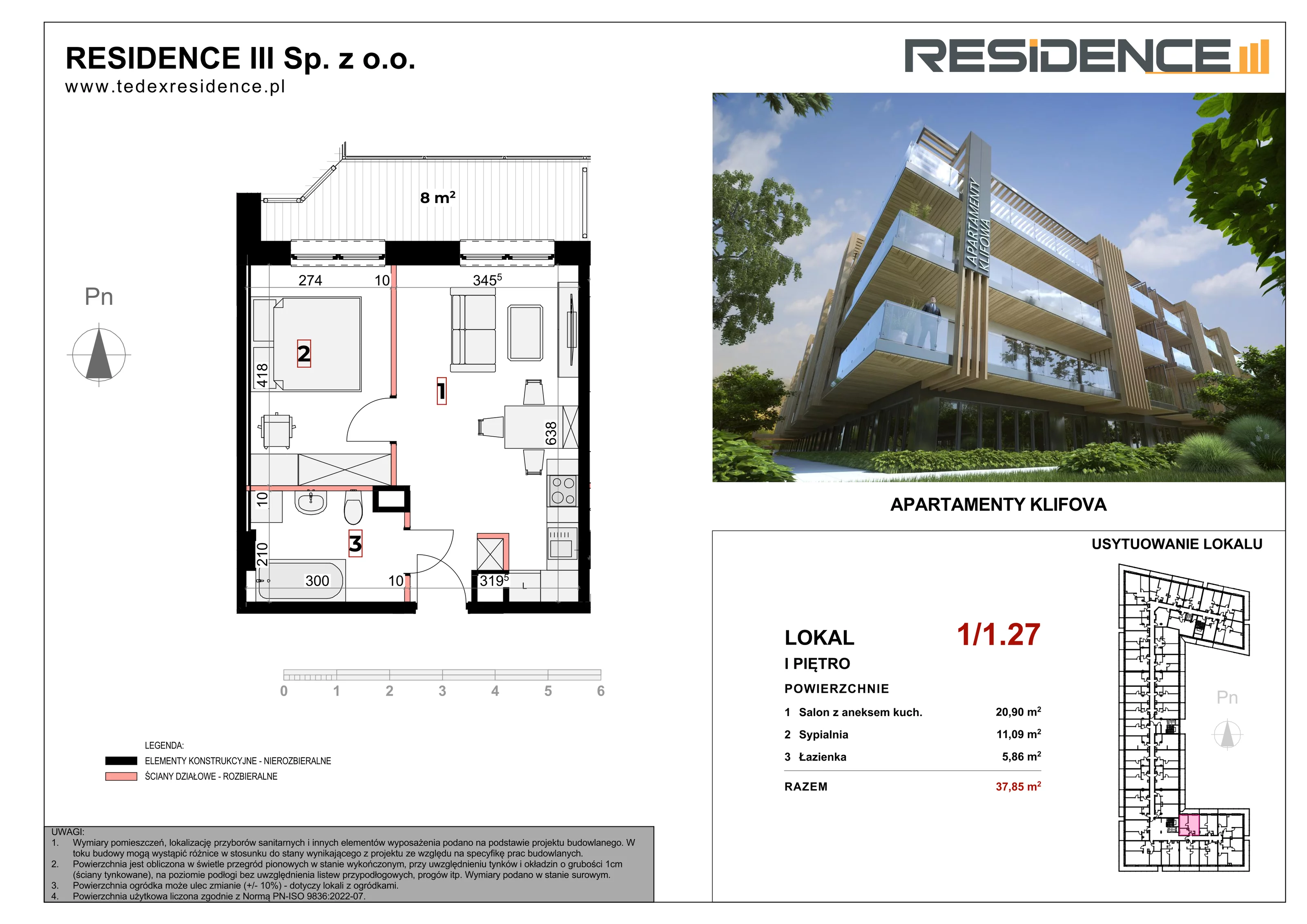 2 pokoje, apartament inwestycyjny 37,85 m², piętro 1, oferta nr 1_27, Apartamenty Klifova, Jastrzębia Góra, ul. Klifowa (róg ul. Rozewskiej)