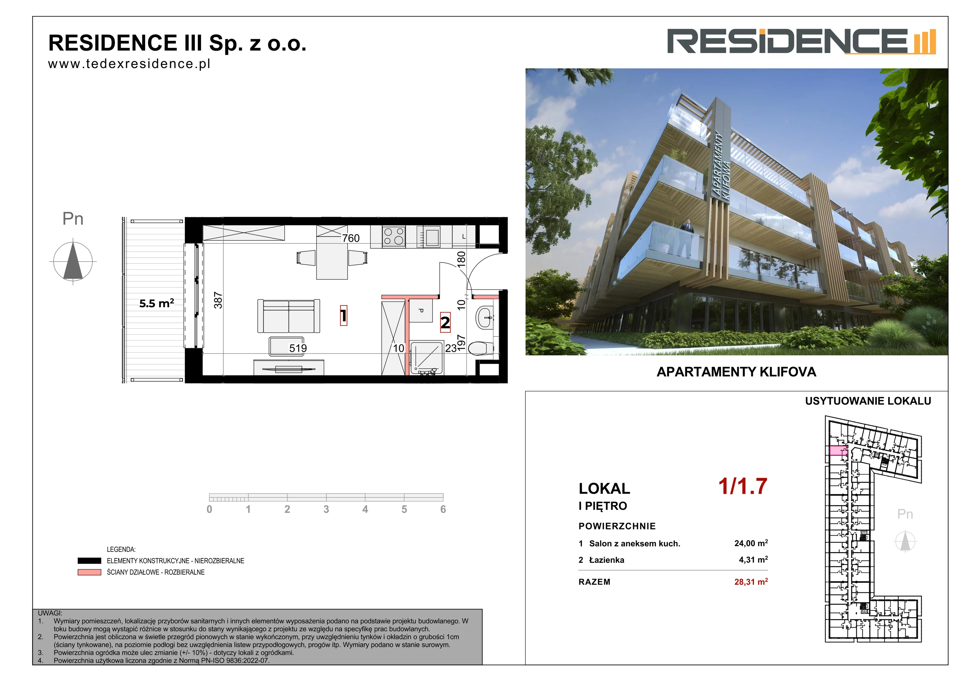 Apartament inwestycyjny 28,31 m², piętro 1, oferta nr 1_07, Apartamenty Klifova, Jastrzębia Góra, ul. Klifowa (róg ul. Rozewskiej)