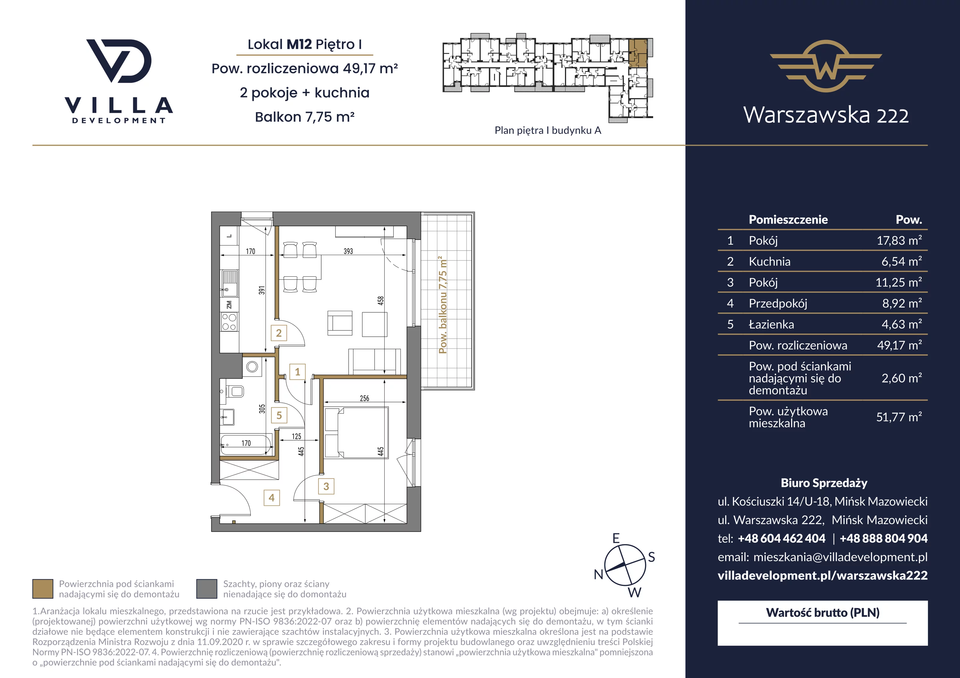 2 pokoje, mieszkanie 49,17 m², piętro 1, oferta nr A12, Warszawska 222, Mińsk Mazowiecki, ul. Warszawska 222