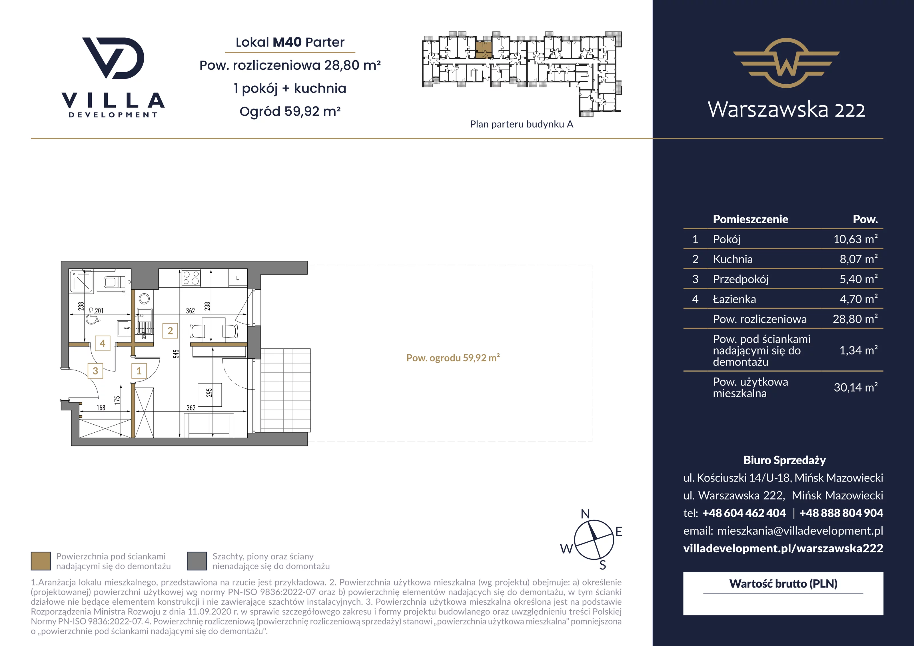 1 pokój, mieszkanie 28,80 m², parter, oferta nr A40, Warszawska 222, Mińsk Mazowiecki, ul. Warszawska 222