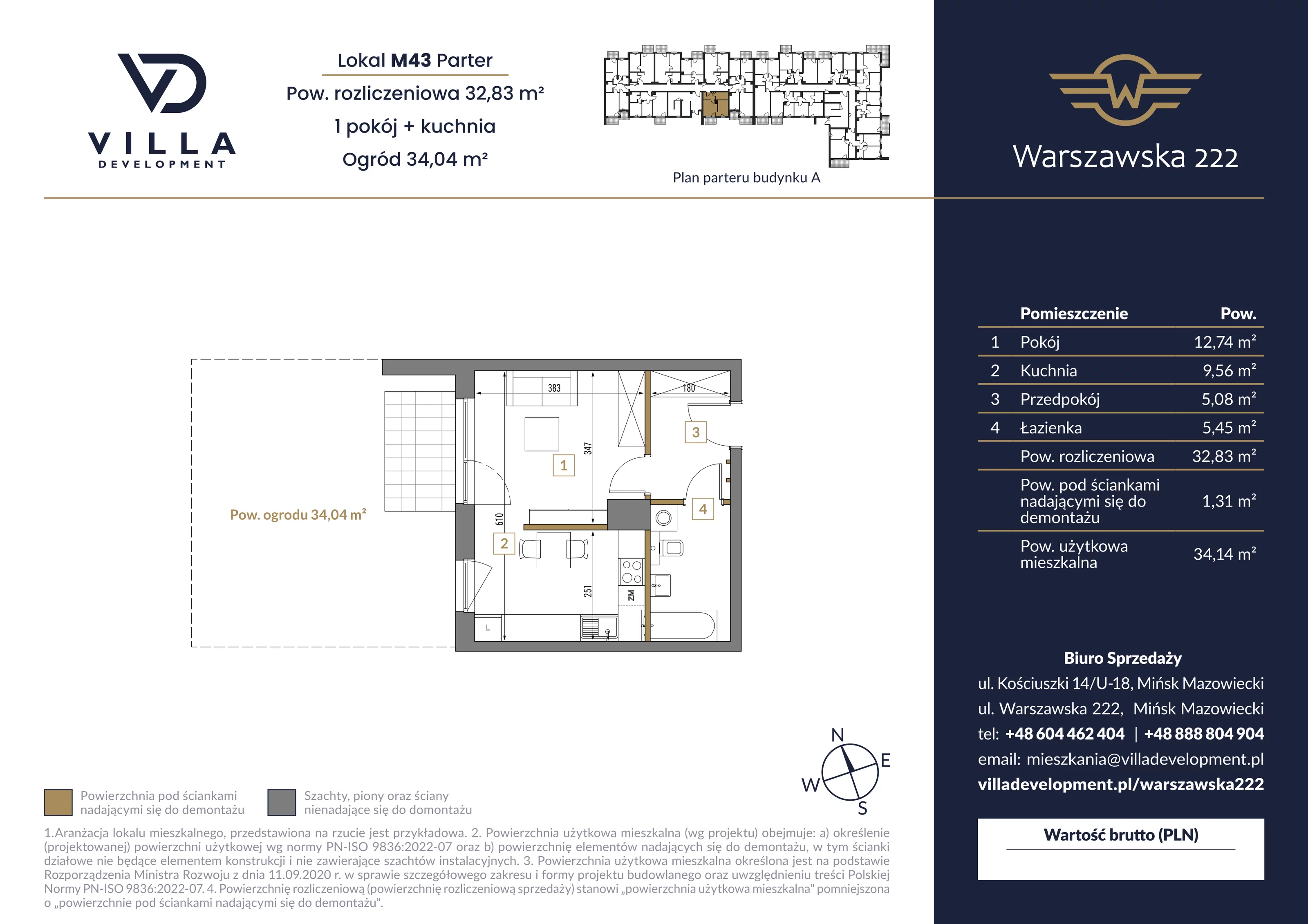 1 pokój, mieszkanie 32,83 m², parter, oferta nr A43, Warszawska 222, Mińsk Mazowiecki, ul. Warszawska 222