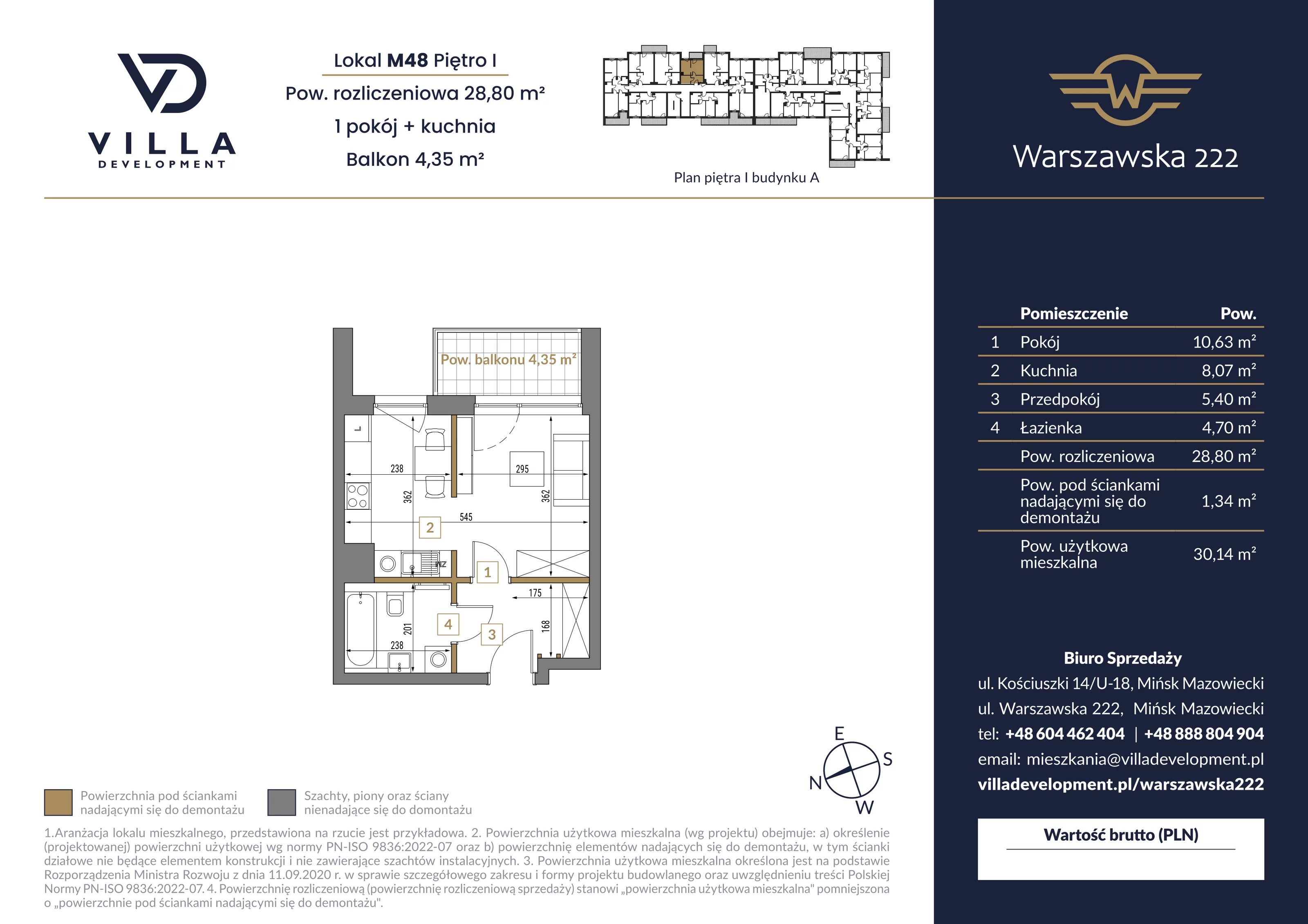 1 pokój, mieszkanie 28,80 m², piętro 1, oferta nr A48, Warszawska 222, Mińsk Mazowiecki, ul. Warszawska 222