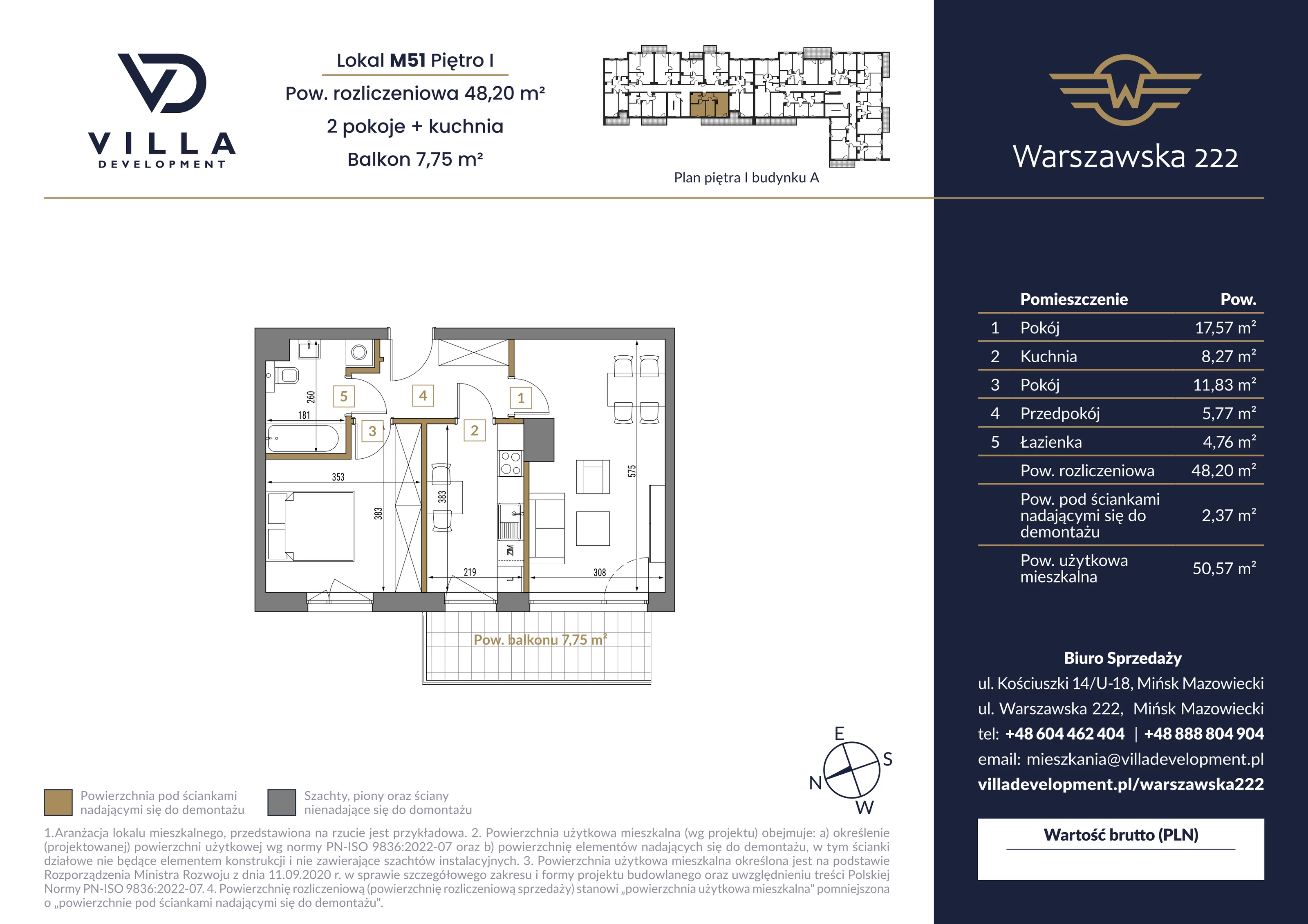 2 pokoje, mieszkanie 48,20 m², piętro 1, oferta nr A51, Warszawska 222, Mińsk Mazowiecki, ul. Warszawska 222