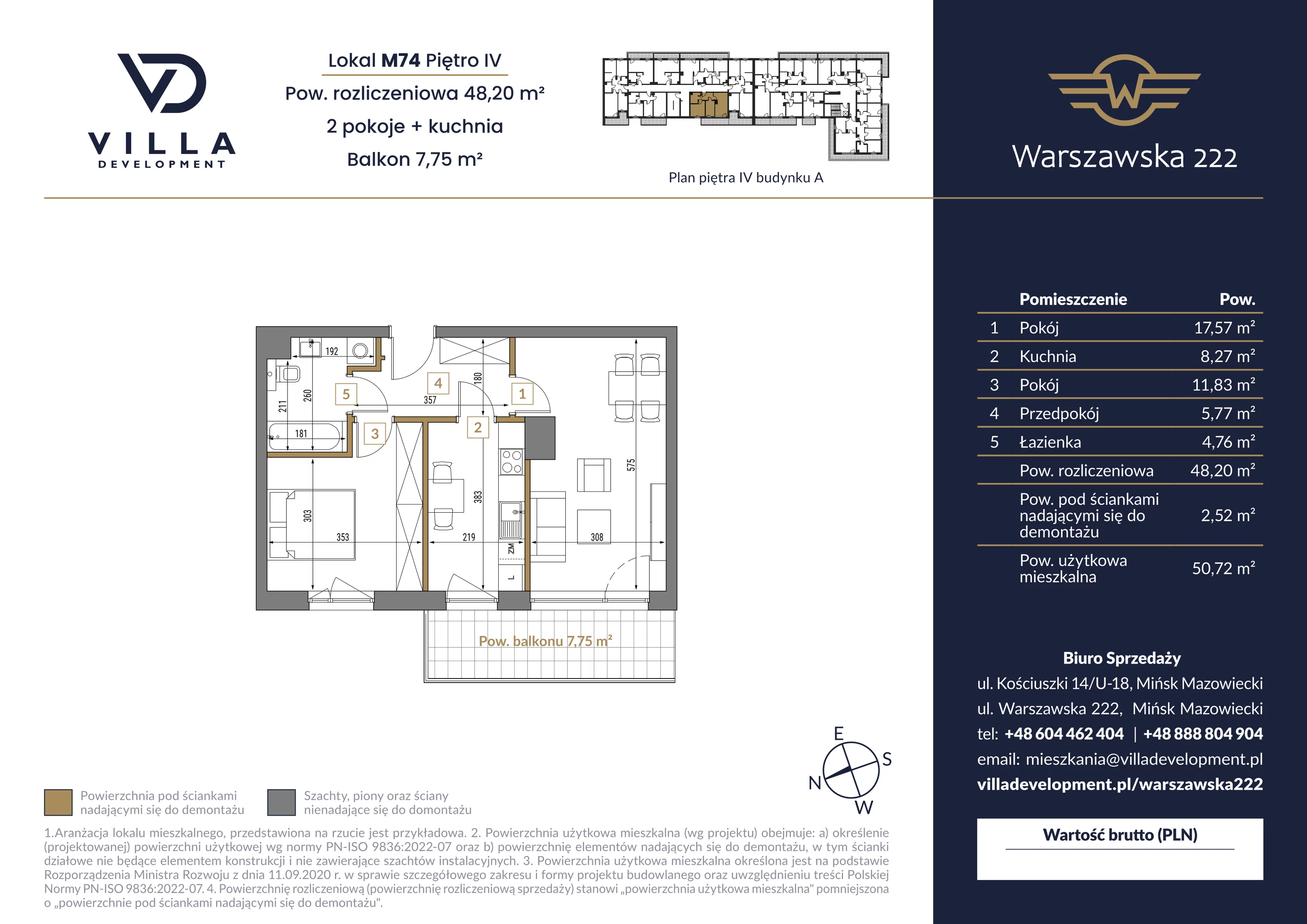 2 pokoje, mieszkanie 48,20 m², piętro 4, oferta nr A74, Warszawska 222, Mińsk Mazowiecki, ul. Warszawska 222